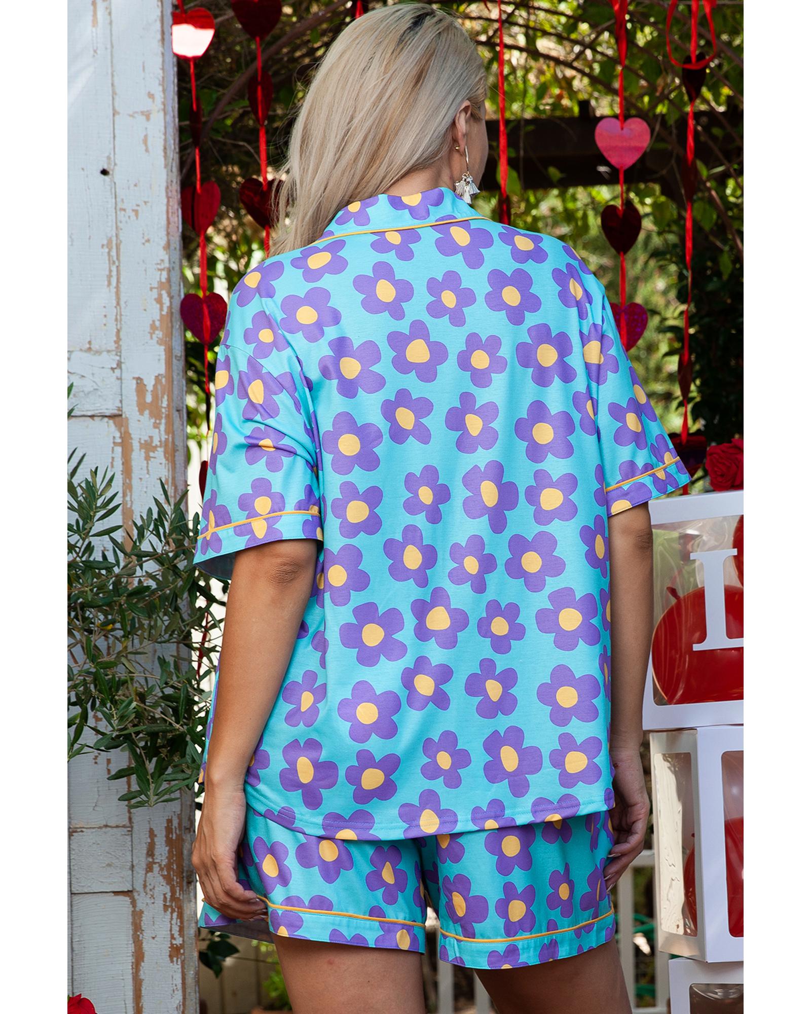 Sky Blue Cute Flower Print Contrast Trim Plus Size Short PJ Set - 1X
