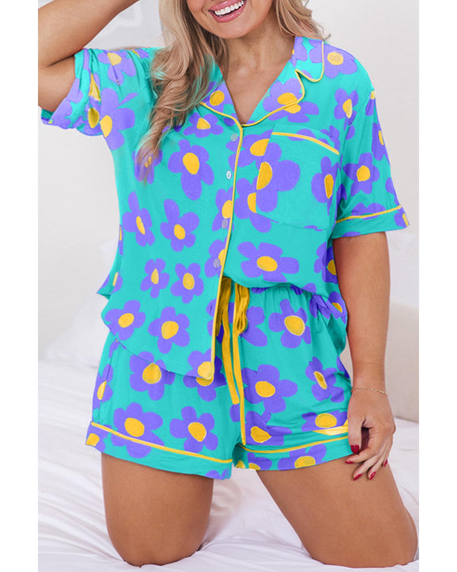 Sky Blue Cute Flower Print Contrast Trim Plus Size Short PJ Set - 1X