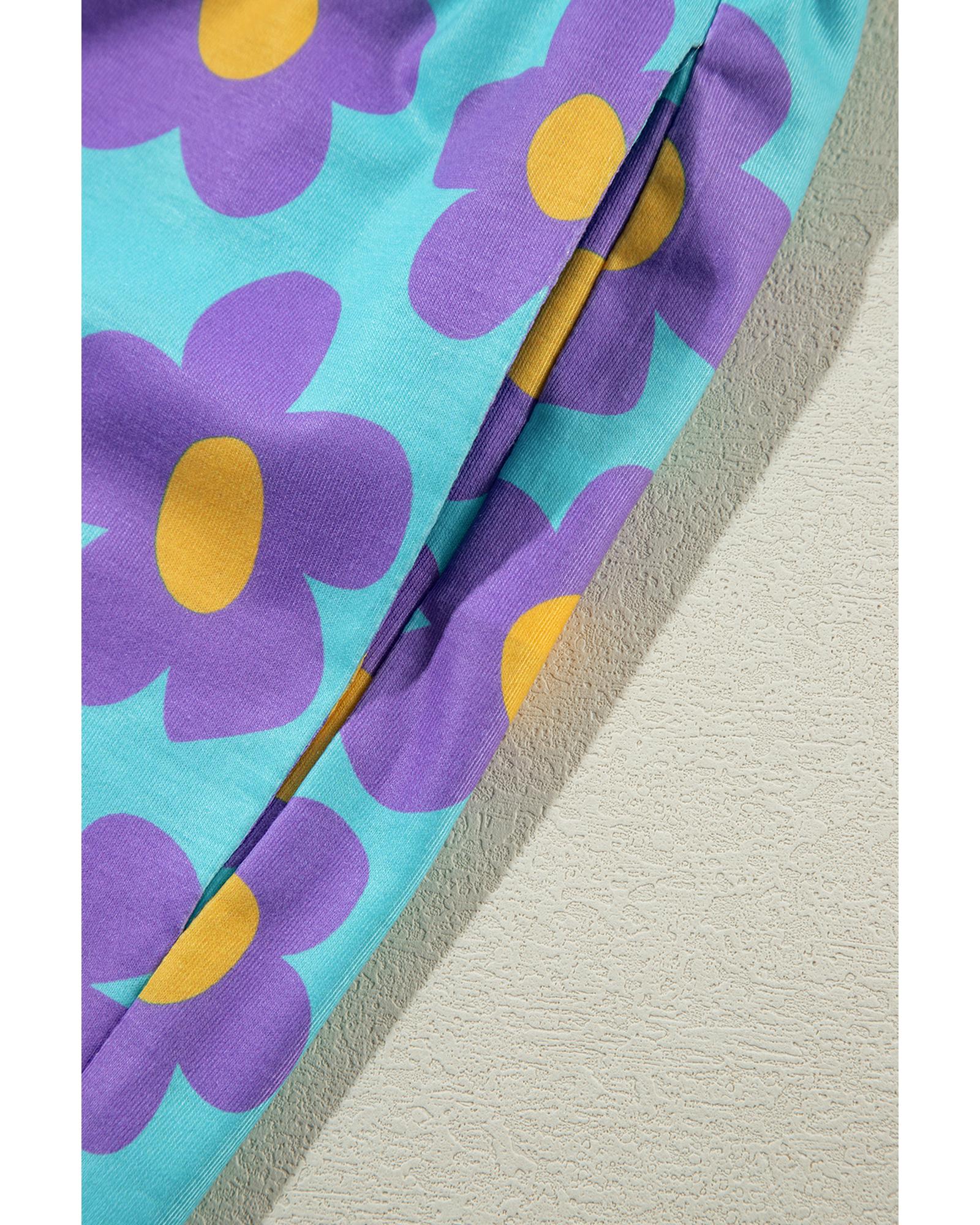 Sky Blue Cute Flower Print Contrast Trim Plus Size Short PJ Set - 1X