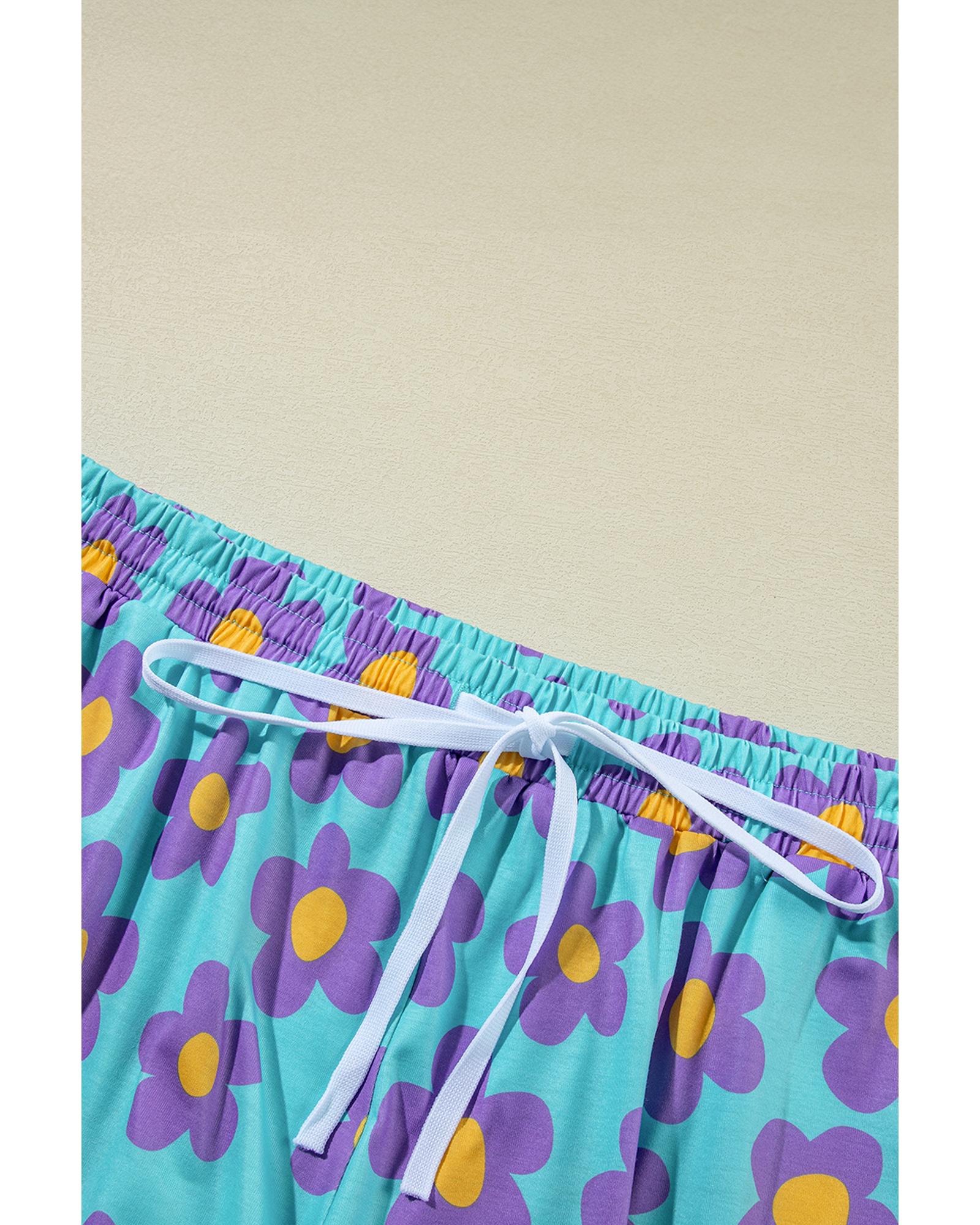 Sky Blue Cute Flower Print Contrast Trim Plus Size Short PJ Set - 1X