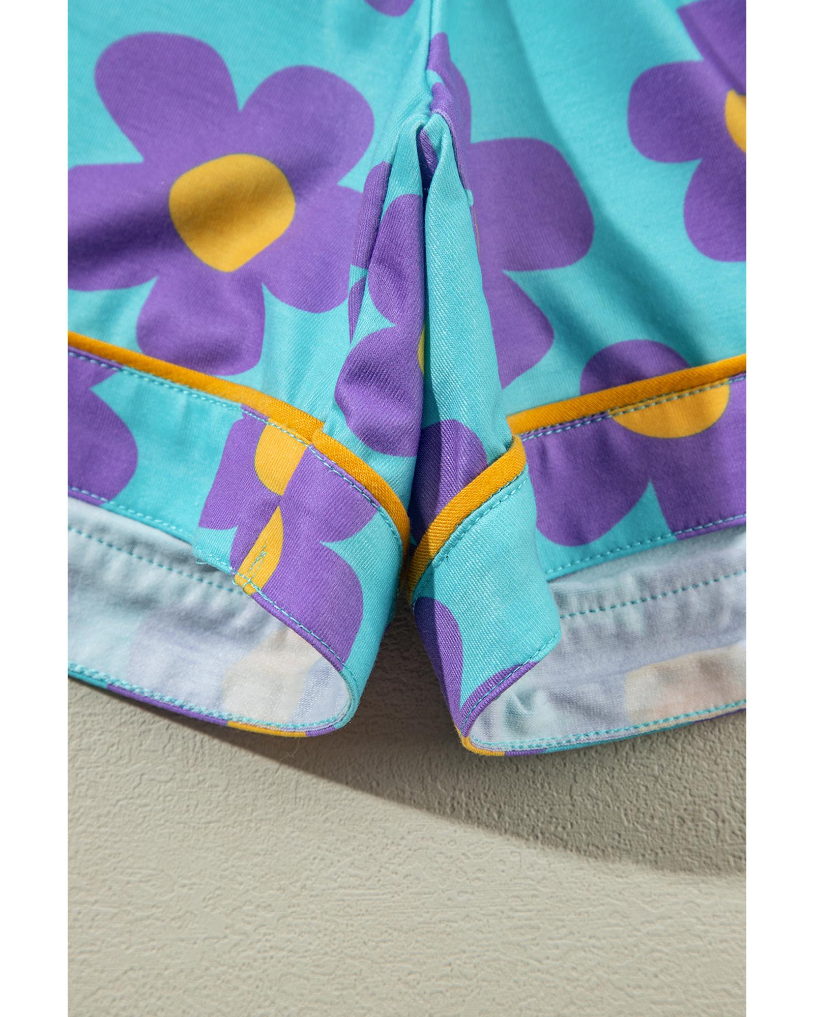 Sky Blue Cute Flower Print Contrast Trim Plus Size Short PJ Set - 1X