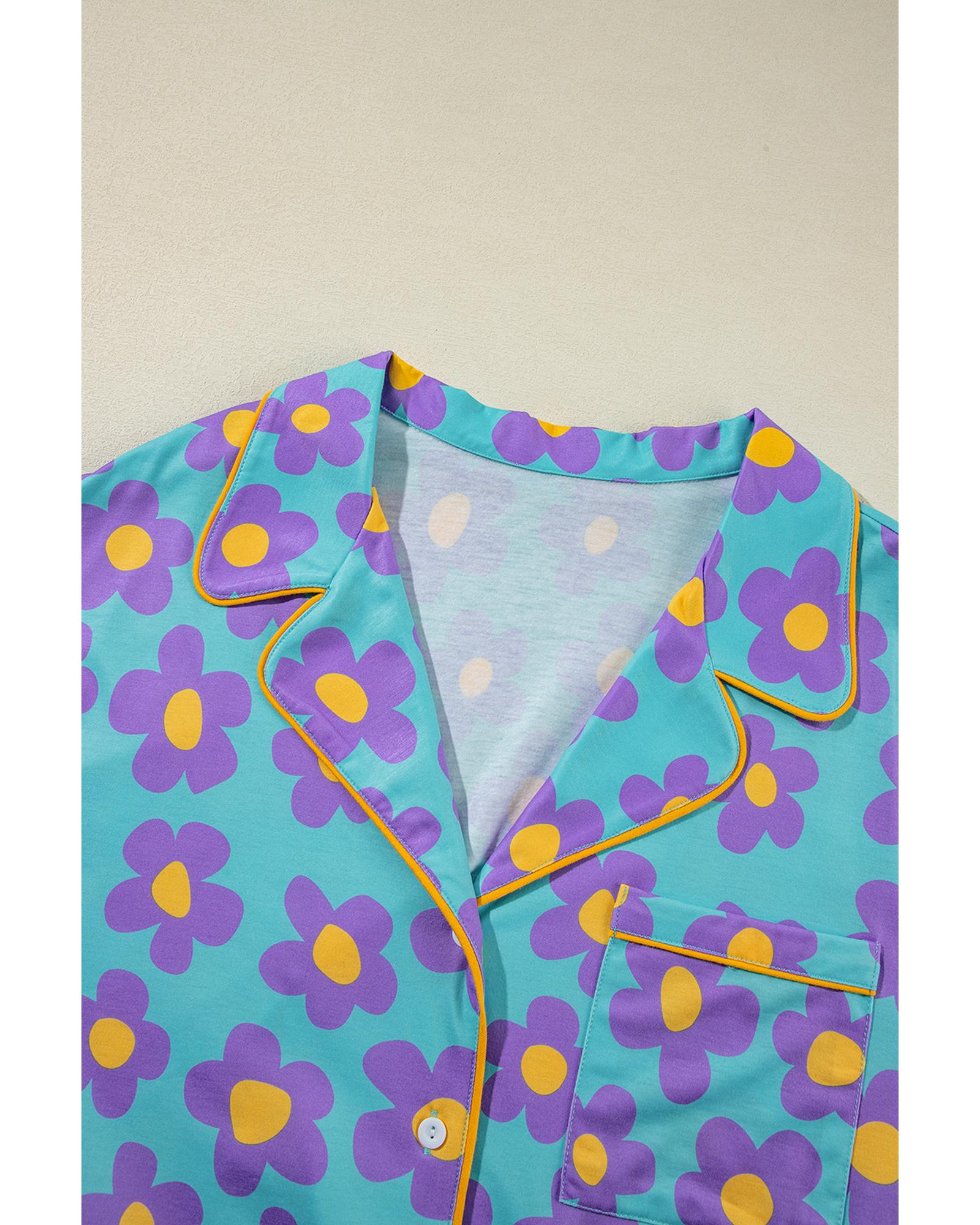 Sky Blue Cute Flower Print Contrast Trim Plus Size Short PJ Set - 1X