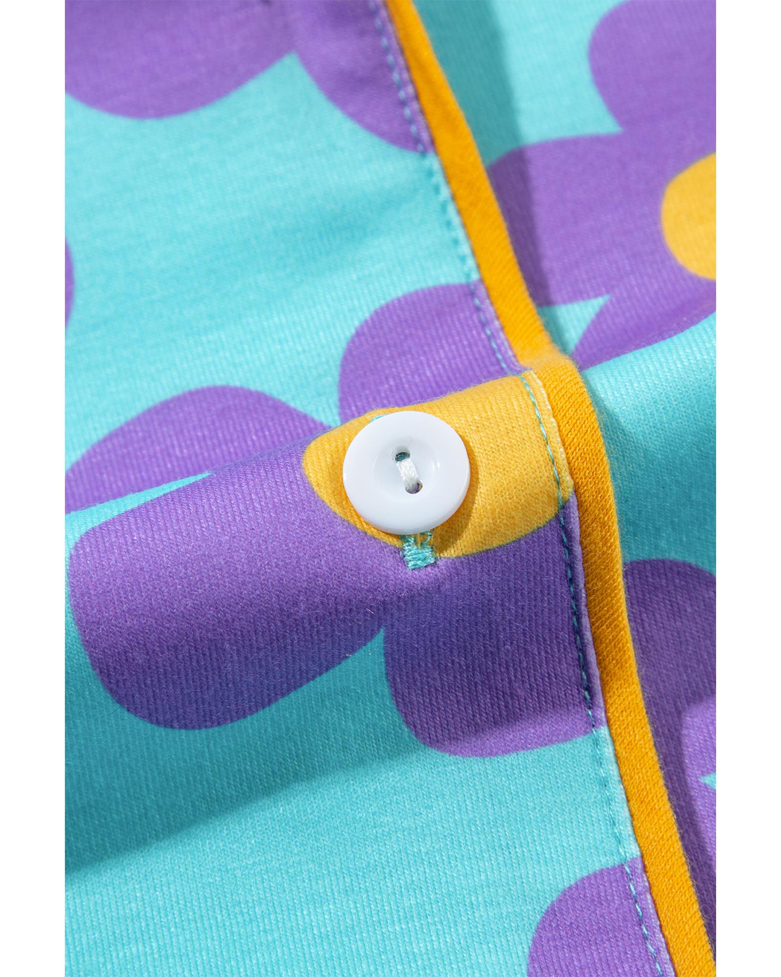 Sky Blue Cute Flower Print Contrast Trim Plus Size Short PJ Set - 1X