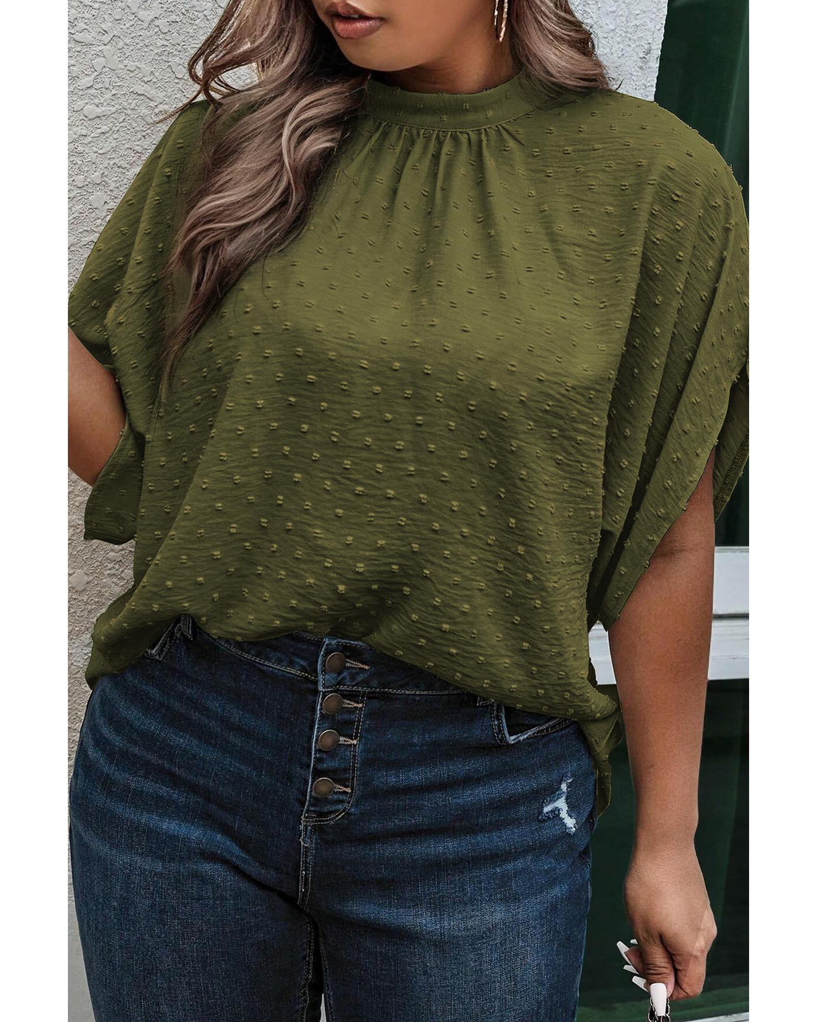 Moss Green Plus Size Swiss Dot Mock Neck Tied Nape Top - 2X
