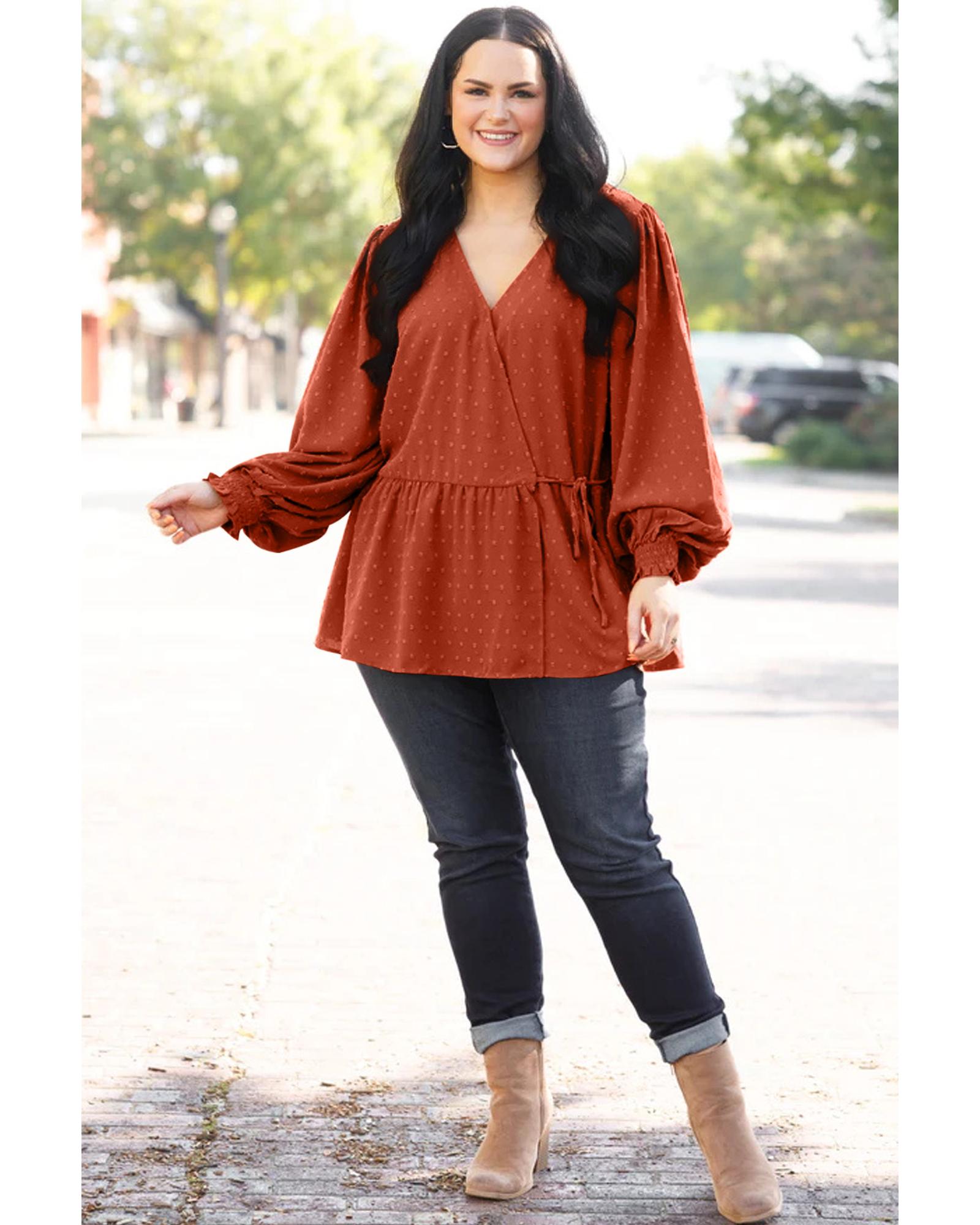 Gold Flame Plus Size Swiss Dot V Neck Wrap Tie Side Blouse - 2X