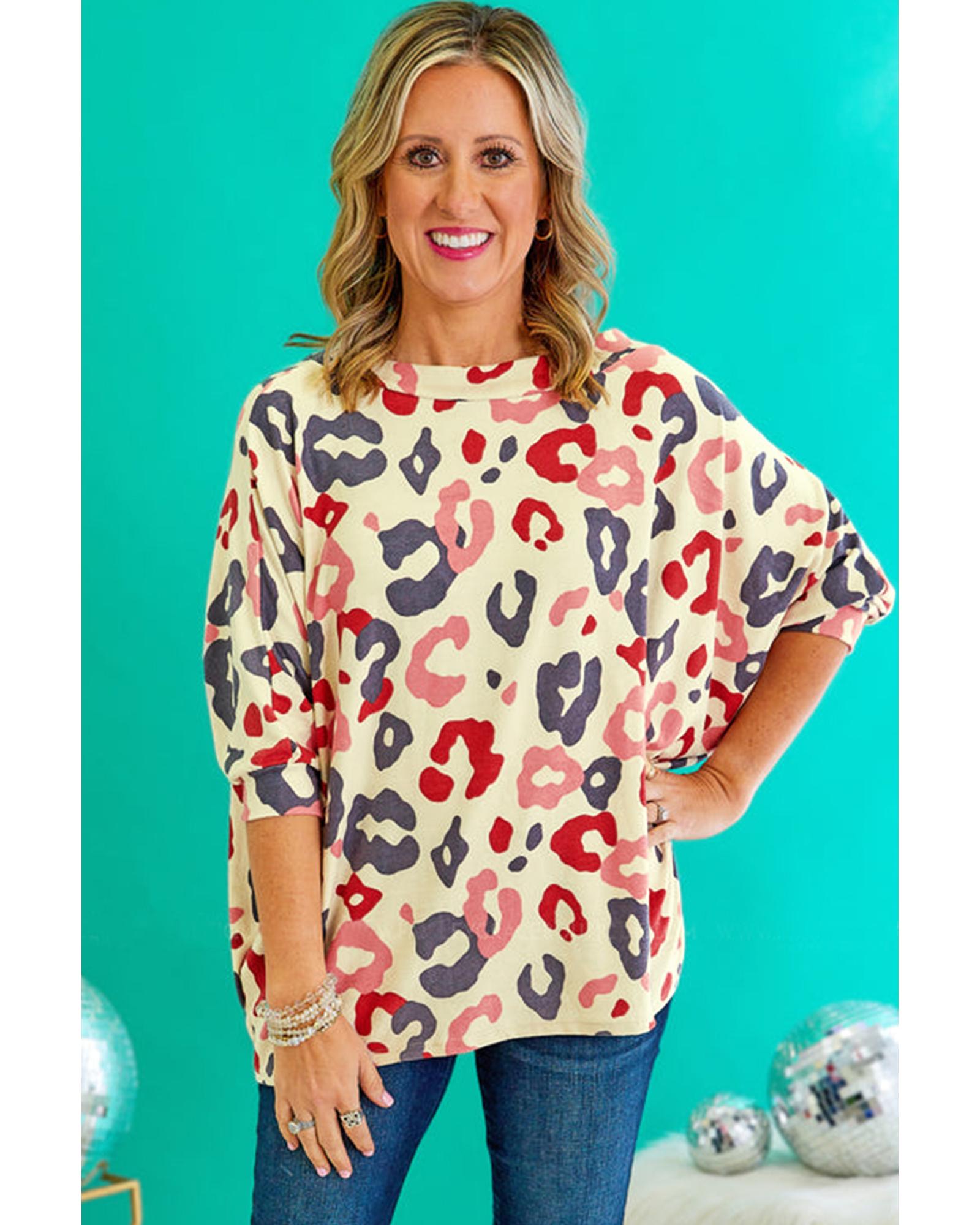 White Colorful Leopard Print Batwing Sleeve Plus Jumper - 2X