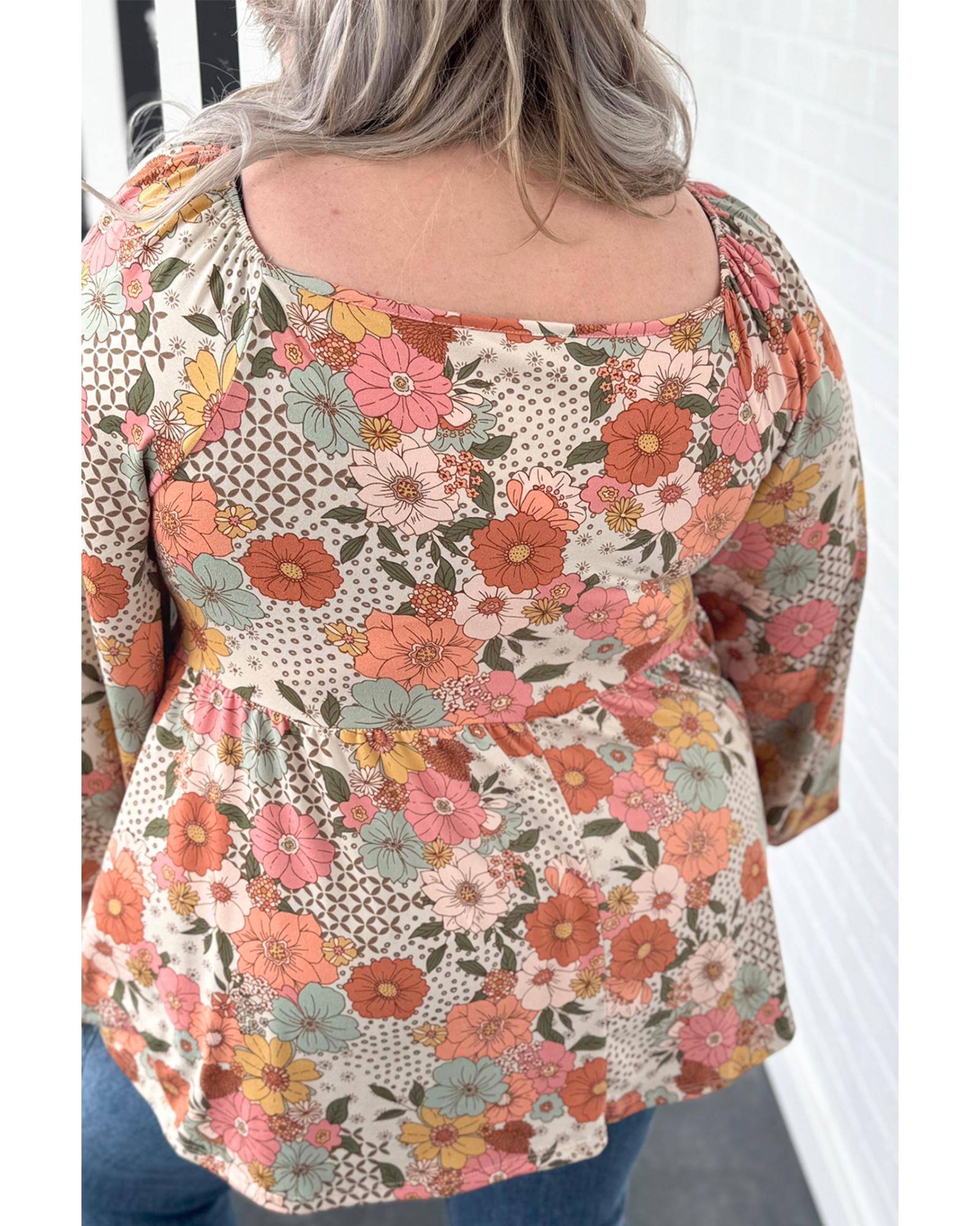 Khaki Plus Size Flower Print Square Neck Peplum Blouse - 2X