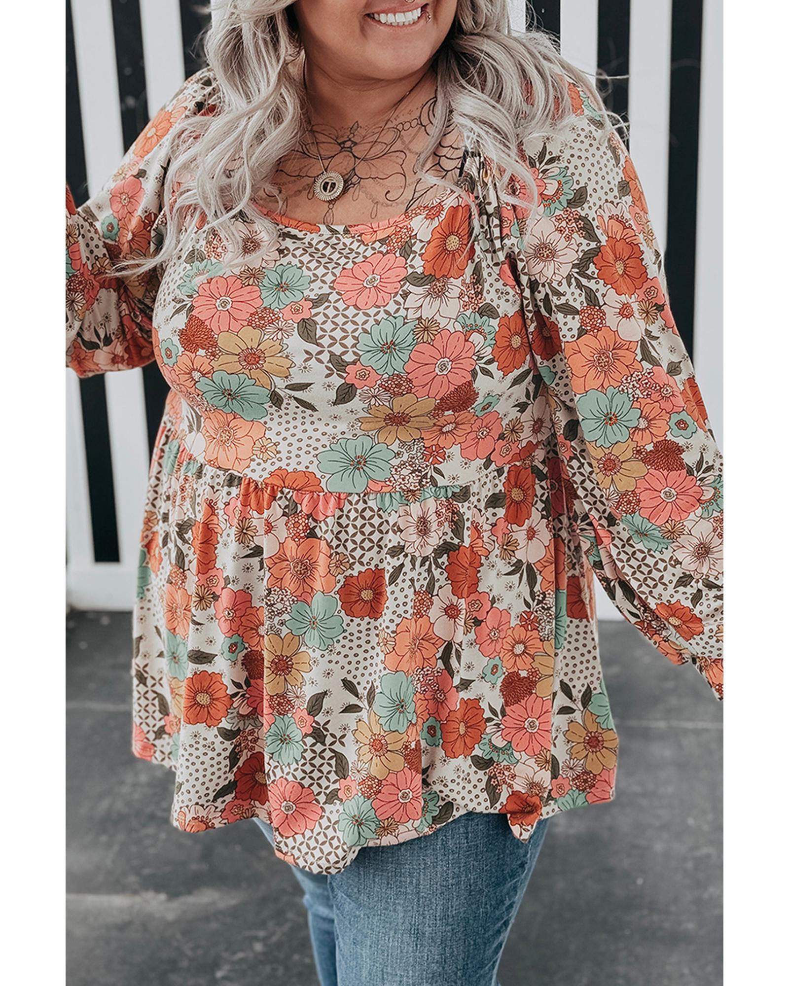 Khaki Plus Size Flower Print Square Neck Peplum Blouse - 3X