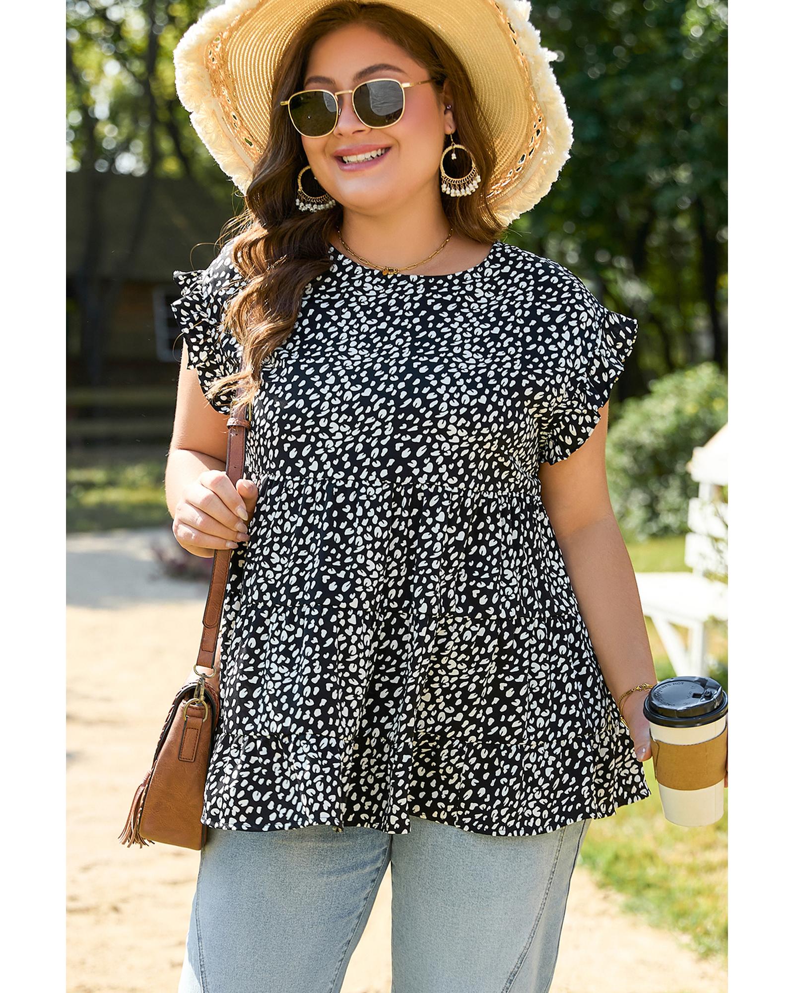 Black Leopard Print Ruffled Short Sleeve Keyhole Back Tiered Flowy Plus Size Blouse - 1X