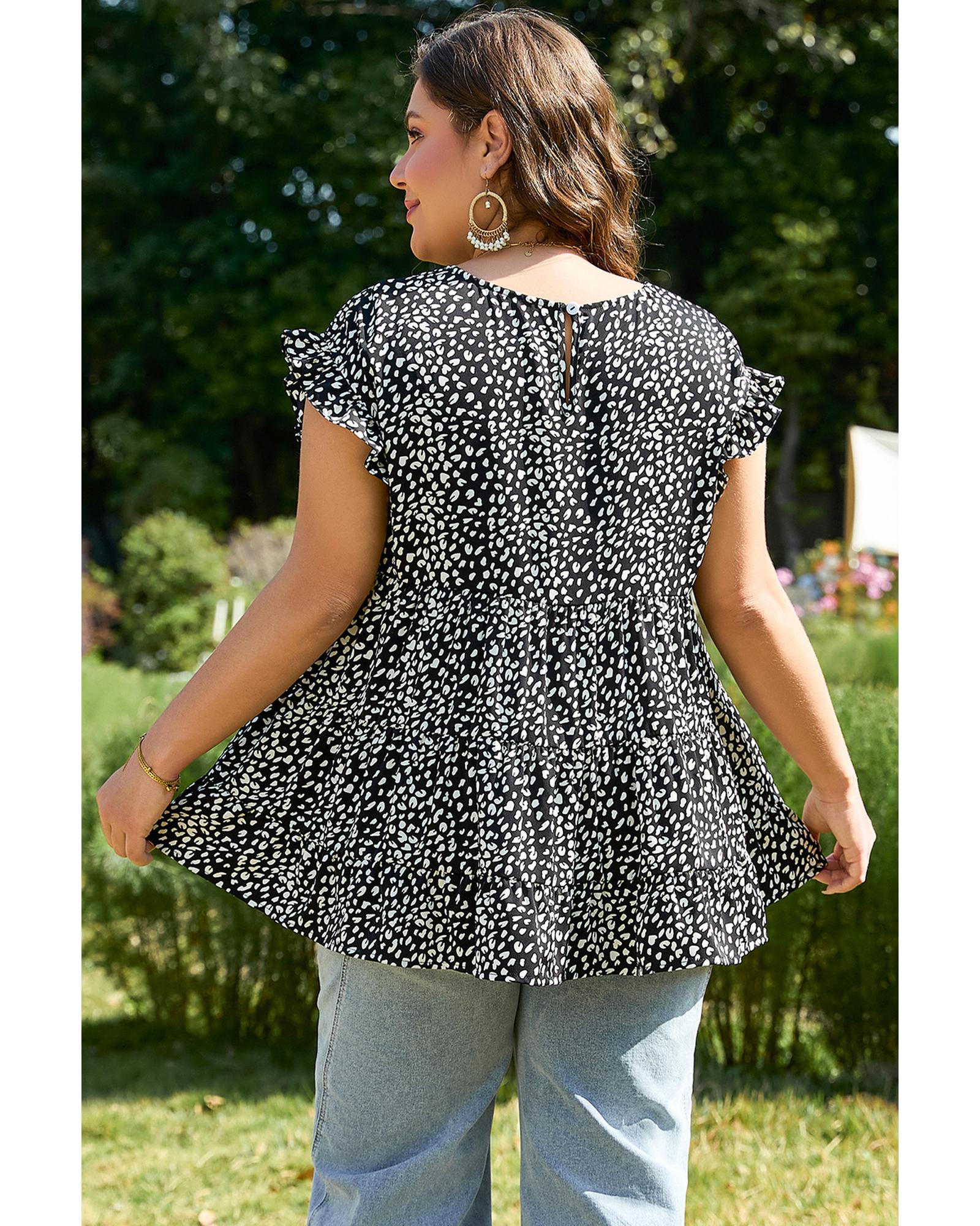 Black Leopard Print Ruffled Short Sleeve Keyhole Back Tiered Flowy Plus Size Blouse - 1X