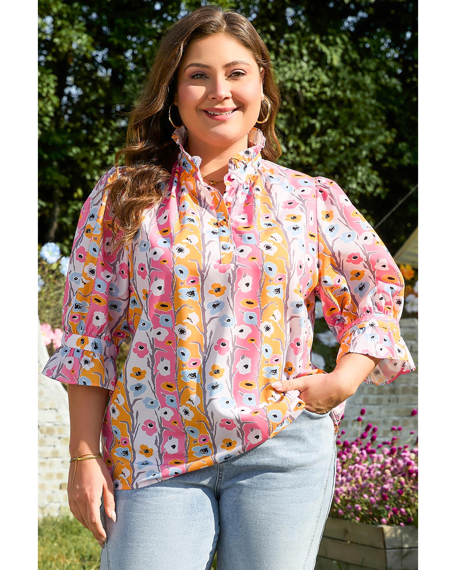 Pink Floral Ruffled Collar Bracelet Sleeve Plus Size Blouse Top - 2X