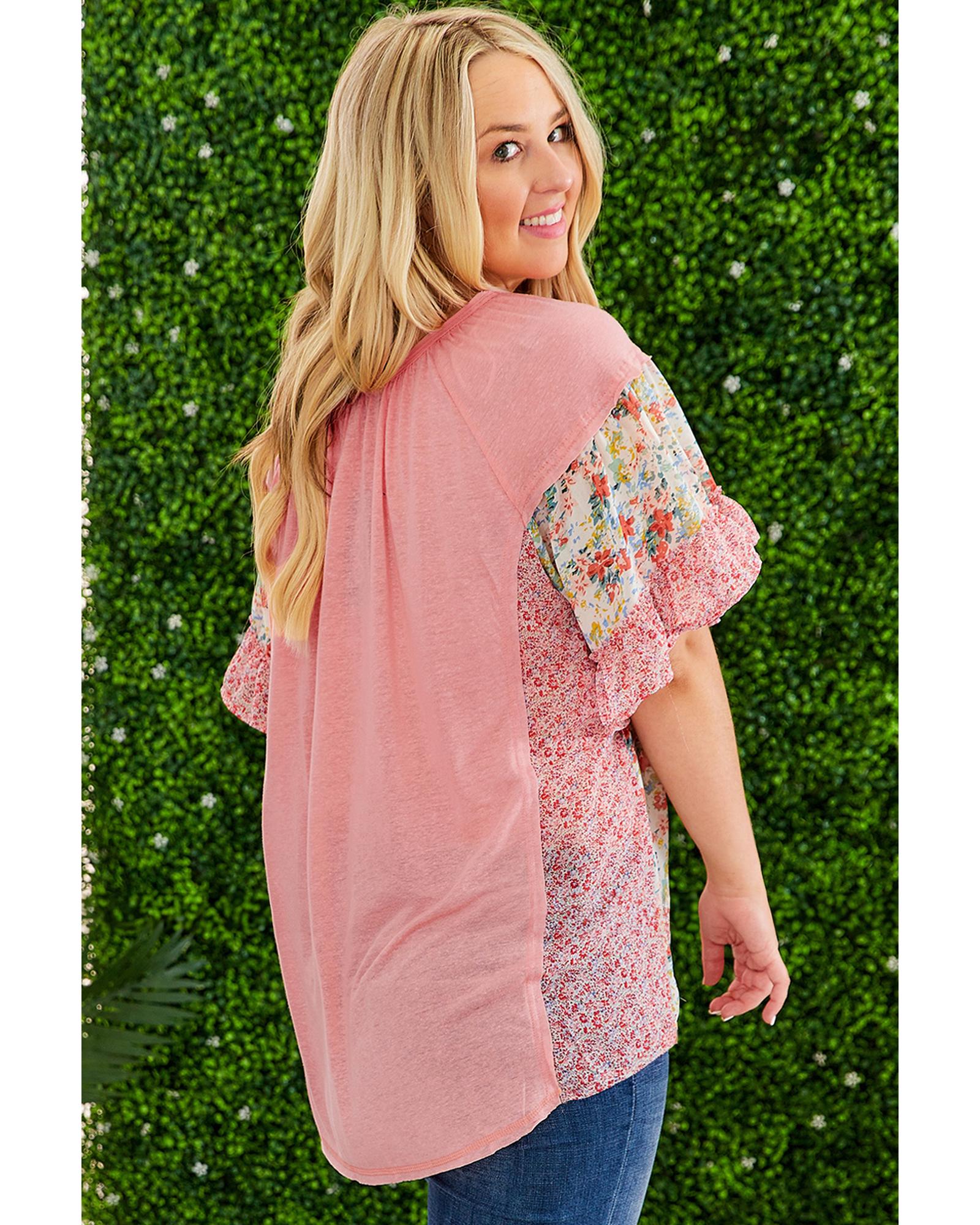 Pink Plus Size Floral Patchwork Ruffled Short Sleeve Blouse - 1X