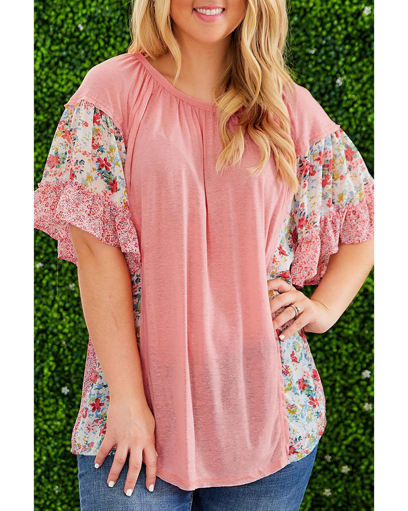 Pink Plus Size Floral Patchwork Ruffled Short Sleeve Blouse - 4X