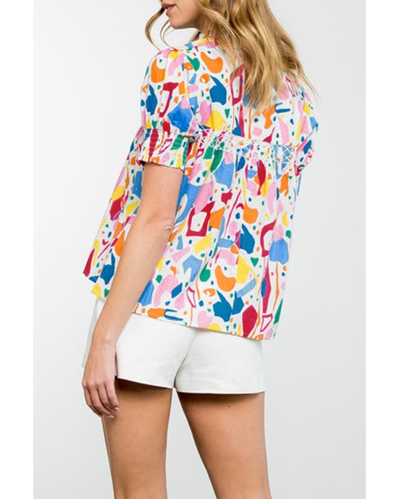 White Abstract Print Shirred Cuff Puff Sleeve Plus Size Blouse - 2X