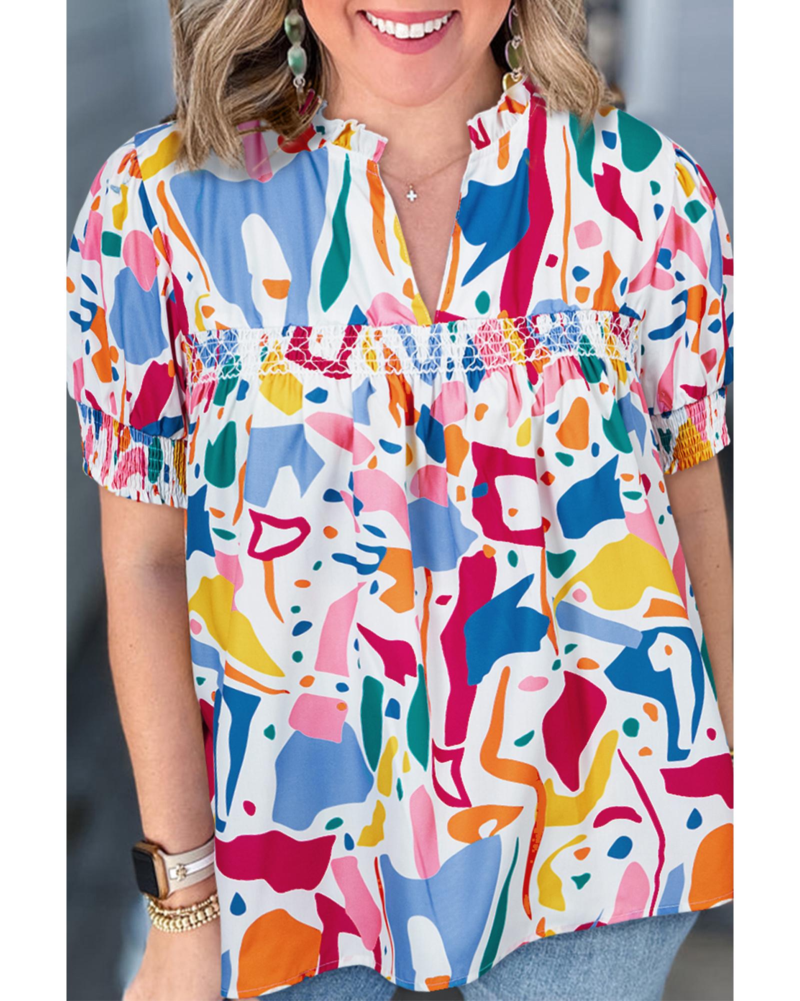 White Abstract Print Shirred Cuff Puff Sleeve Plus Size Blouse - 4X