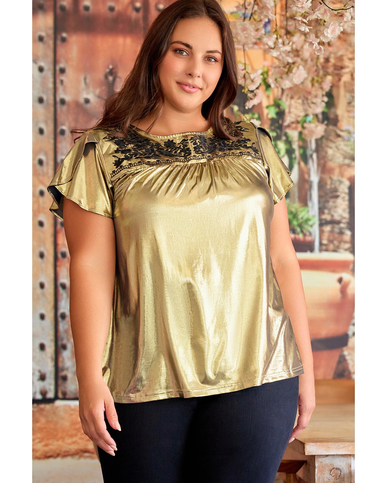Gold Plus Size Floral Embroidered Short Sleeve Top - 1X