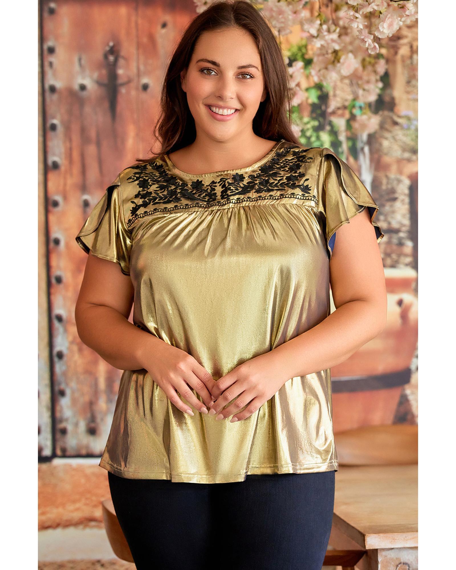Gold Plus Size Floral Embroidered Short Sleeve Top - 1X