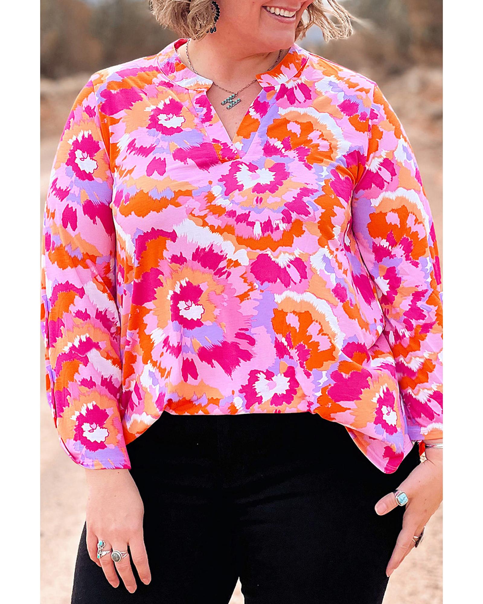 Pink Plus Size Abstract Floral Print V Neck Blouse - 3X