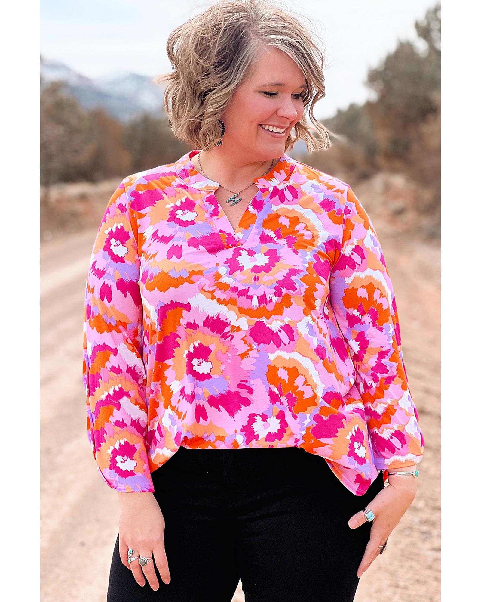 Pink Plus Size Abstract Floral Print V Neck Blouse - 3X
