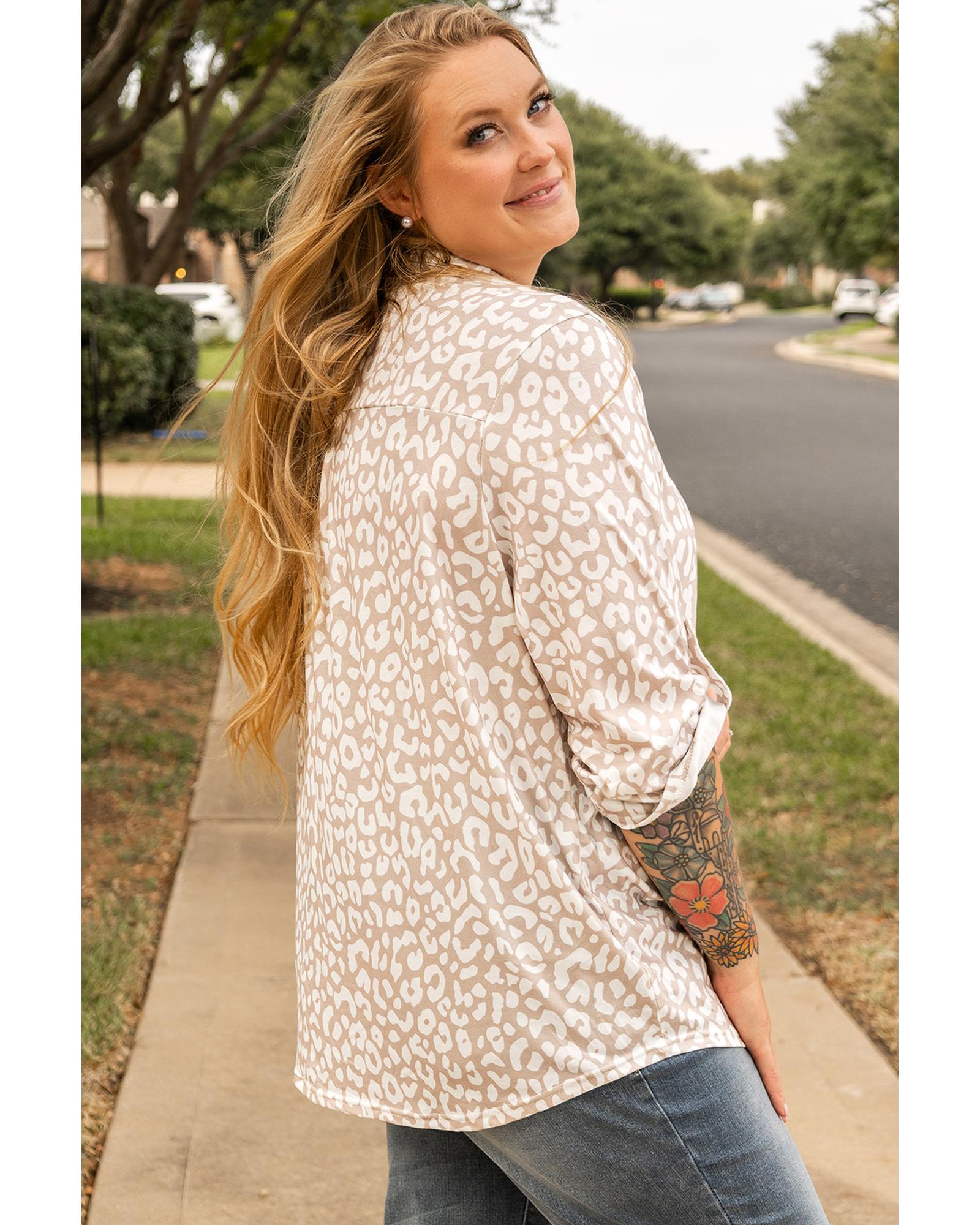 Apricot Leopard Tab Sleeve V Neck Plus Size Top - 1X