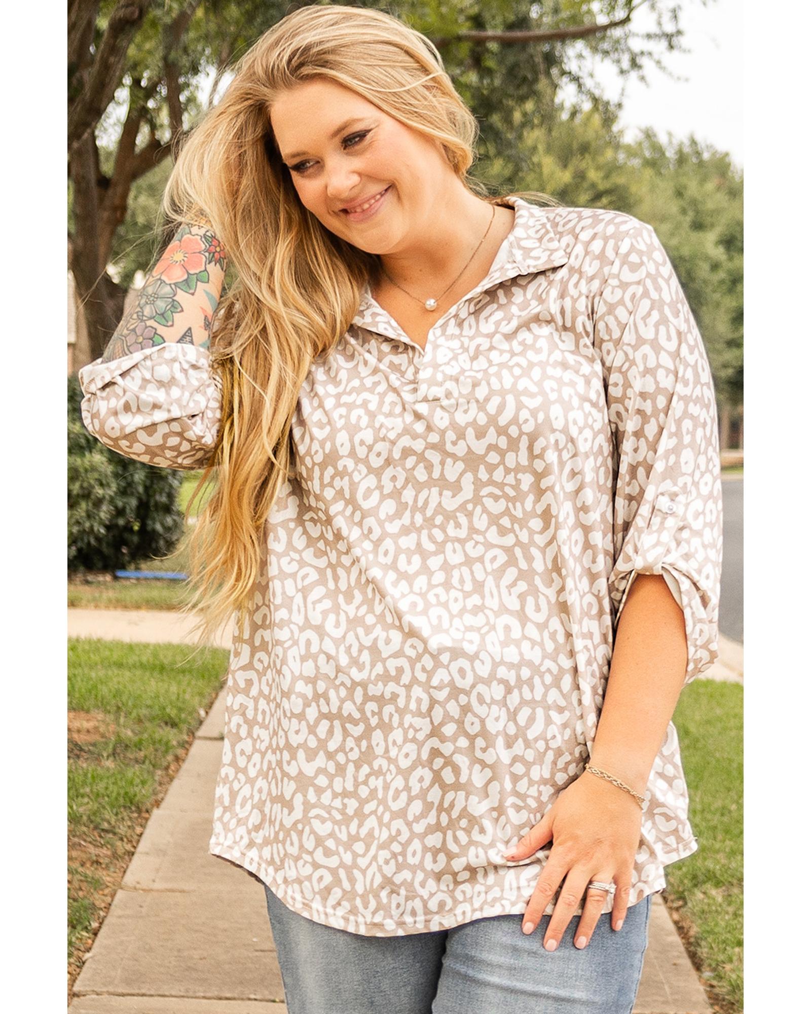 Apricot Leopard Tab Sleeve V Neck Plus Size Top - 2X