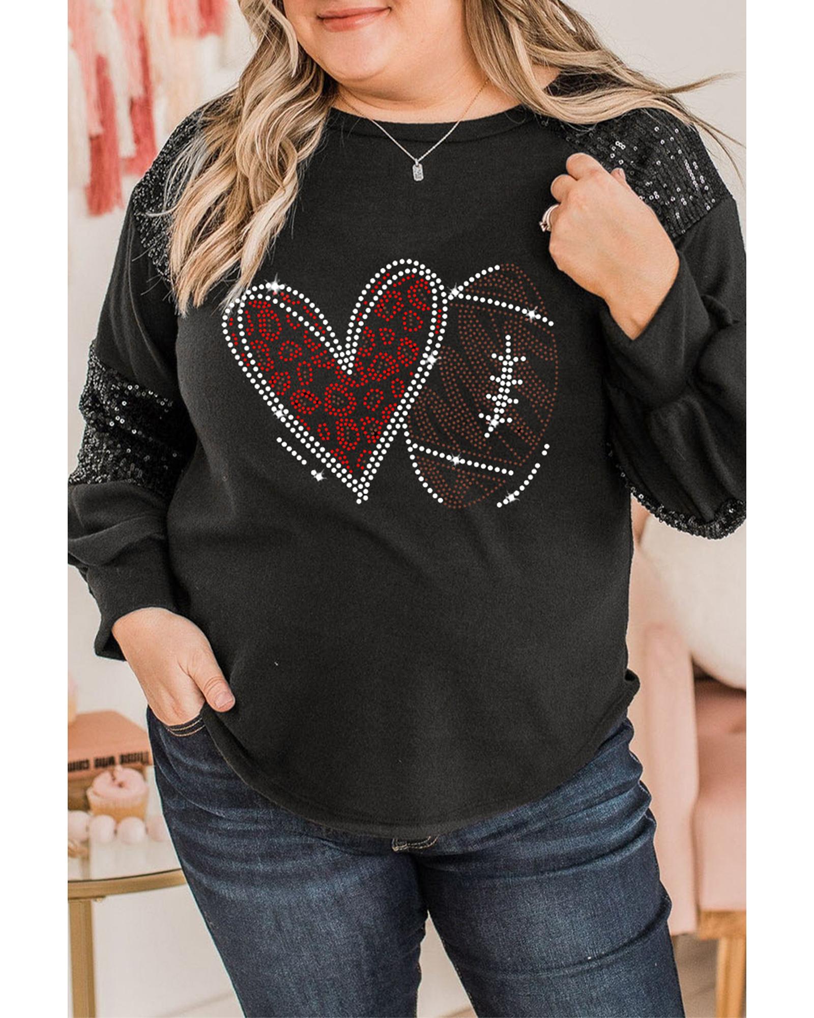 Black Rhinestone Heart Rugby Football Pattern Sequin Patched Sleeve Plus Size Top - 2X