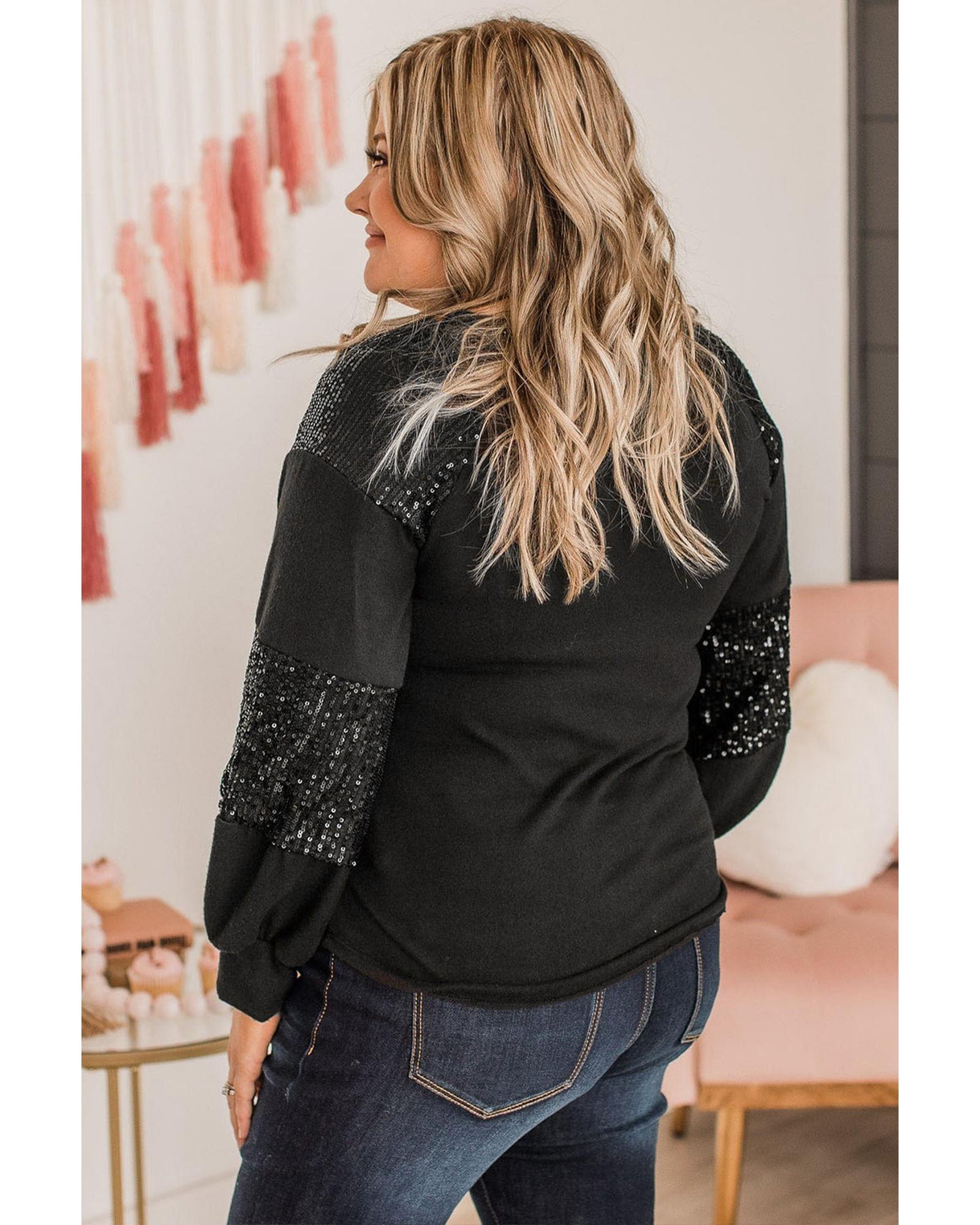 Black Game Day Rugby Football Graphic Sequin Patchwork Sleeve Plus Size Top - 2X