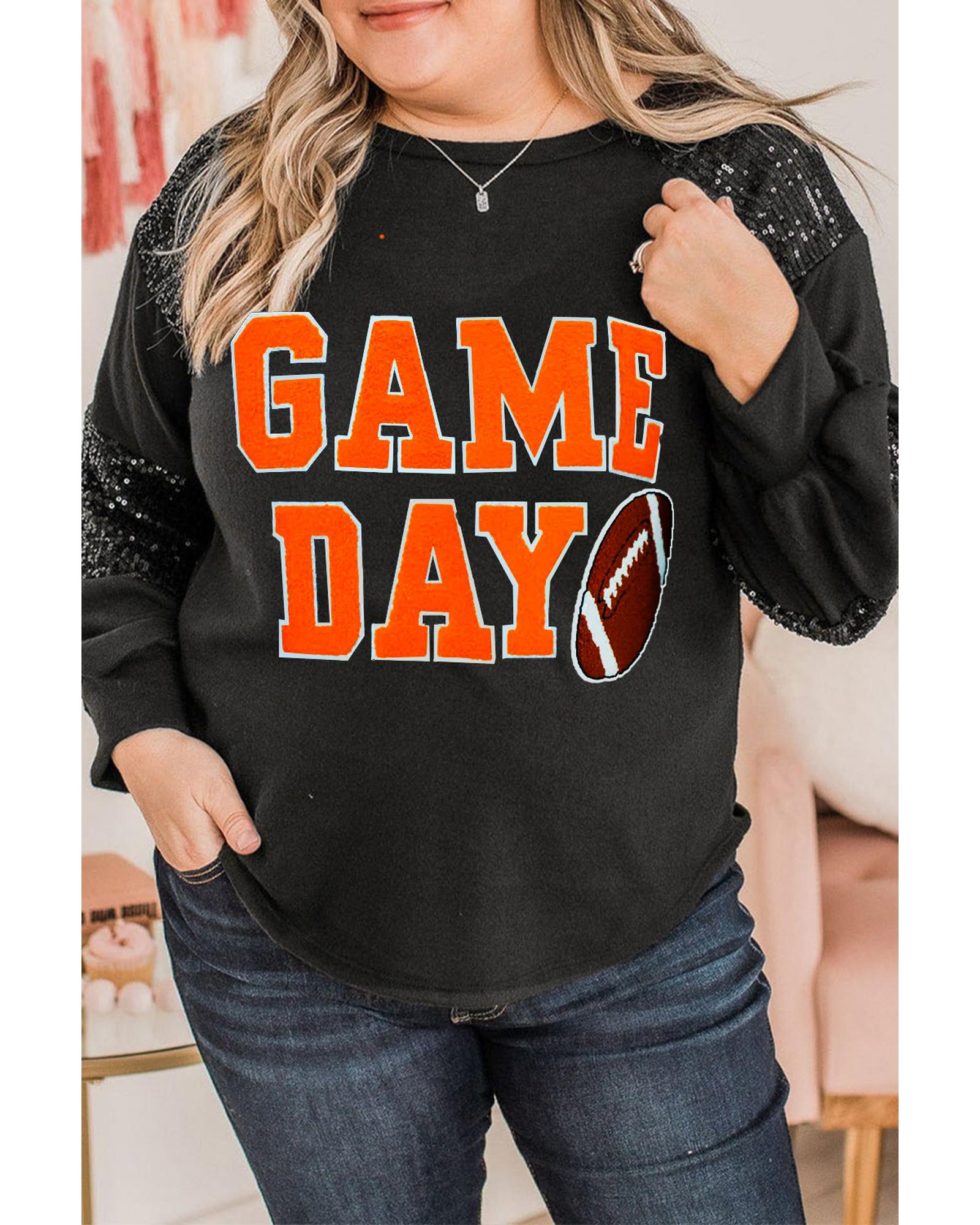 Black Game Day Rugby Football Graphic Sequin Patchwork Sleeve Plus Size Top - 3X