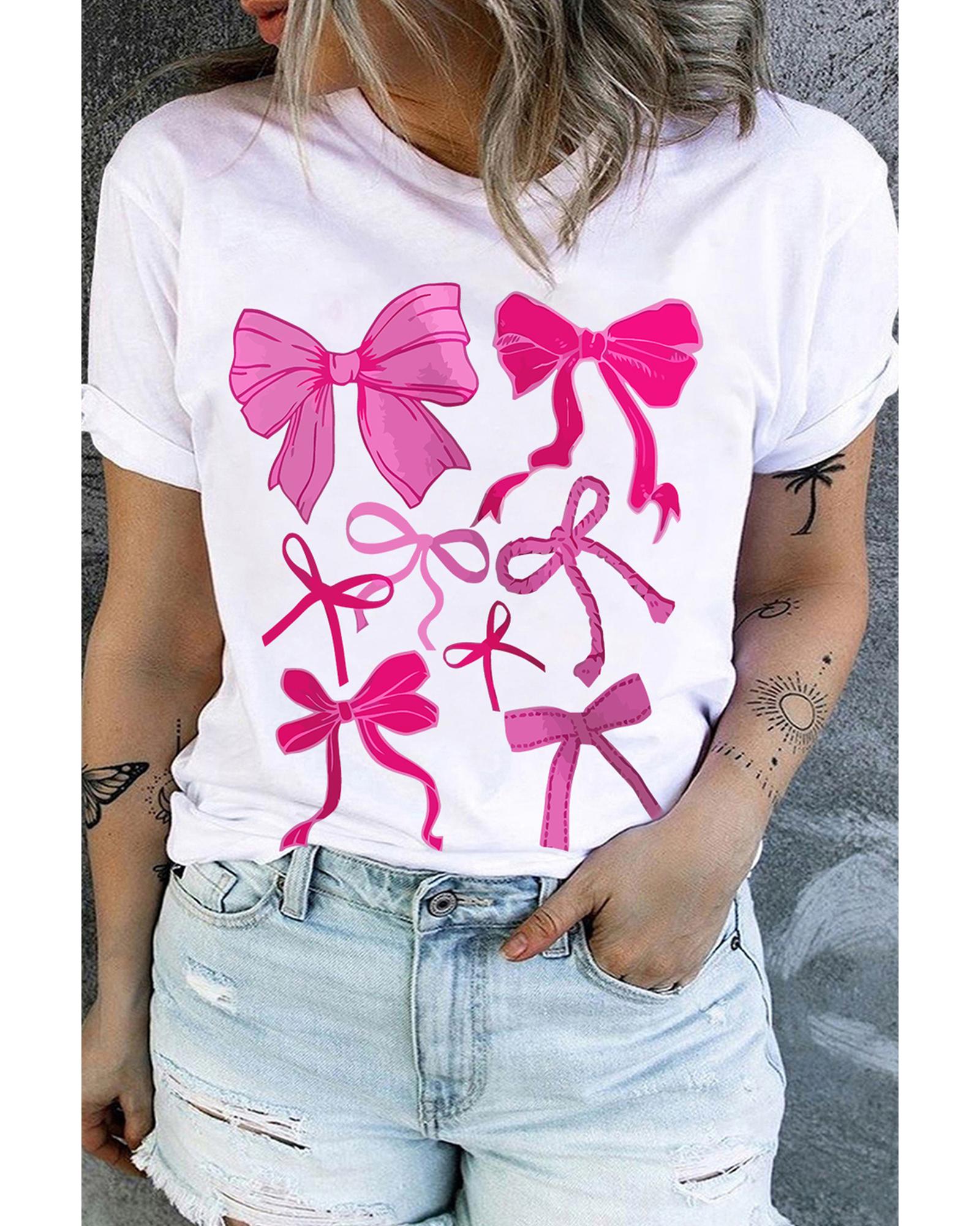 White Diverse Bowknot Printed Crew Neck Plus Size Tee - 2X