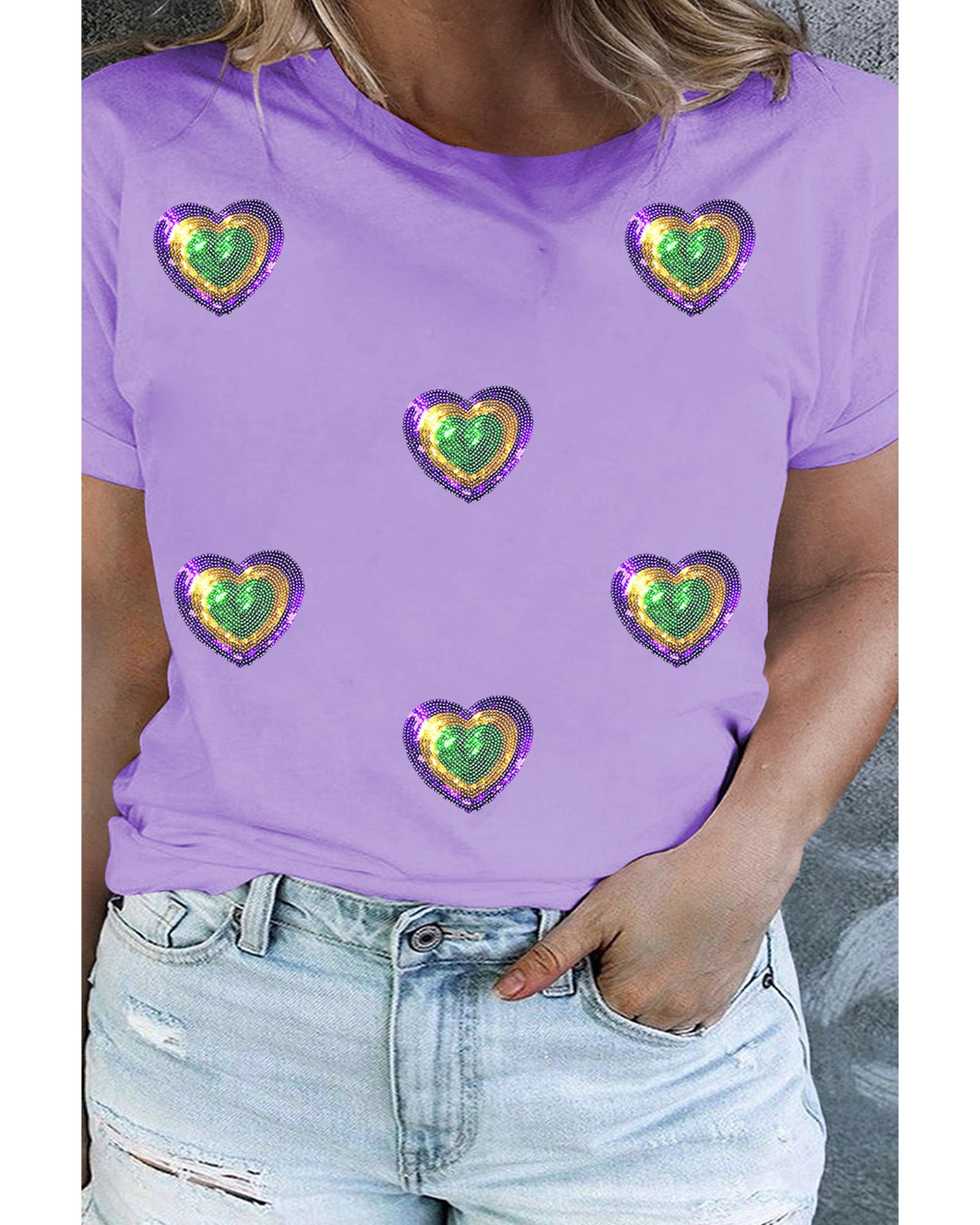 Orchid Petal Mardi Gras Sequin Heart Patched Plus Size Graphic Tee - 2X