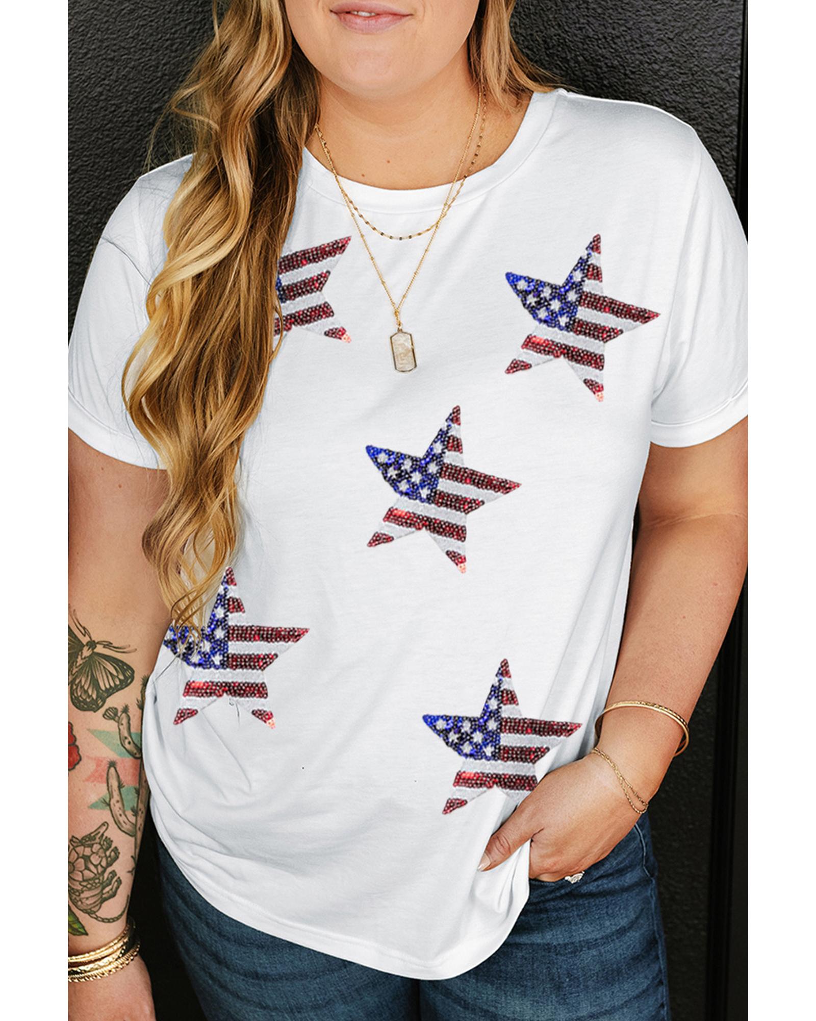 White Sequin American Flag Star Pattern Plus Size Tee - 1X