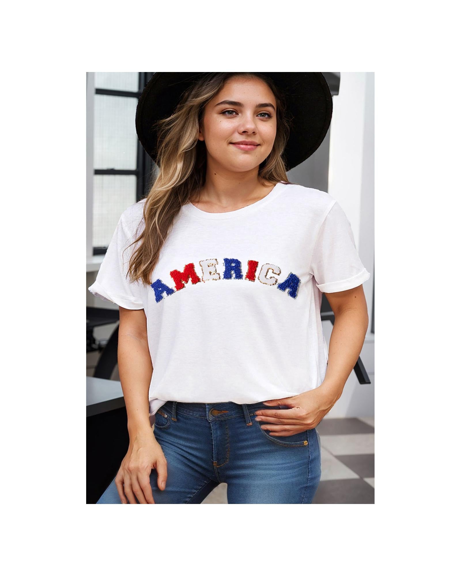 White AMERICA Chenille Embroidered Plus Size T Shirt - 1X