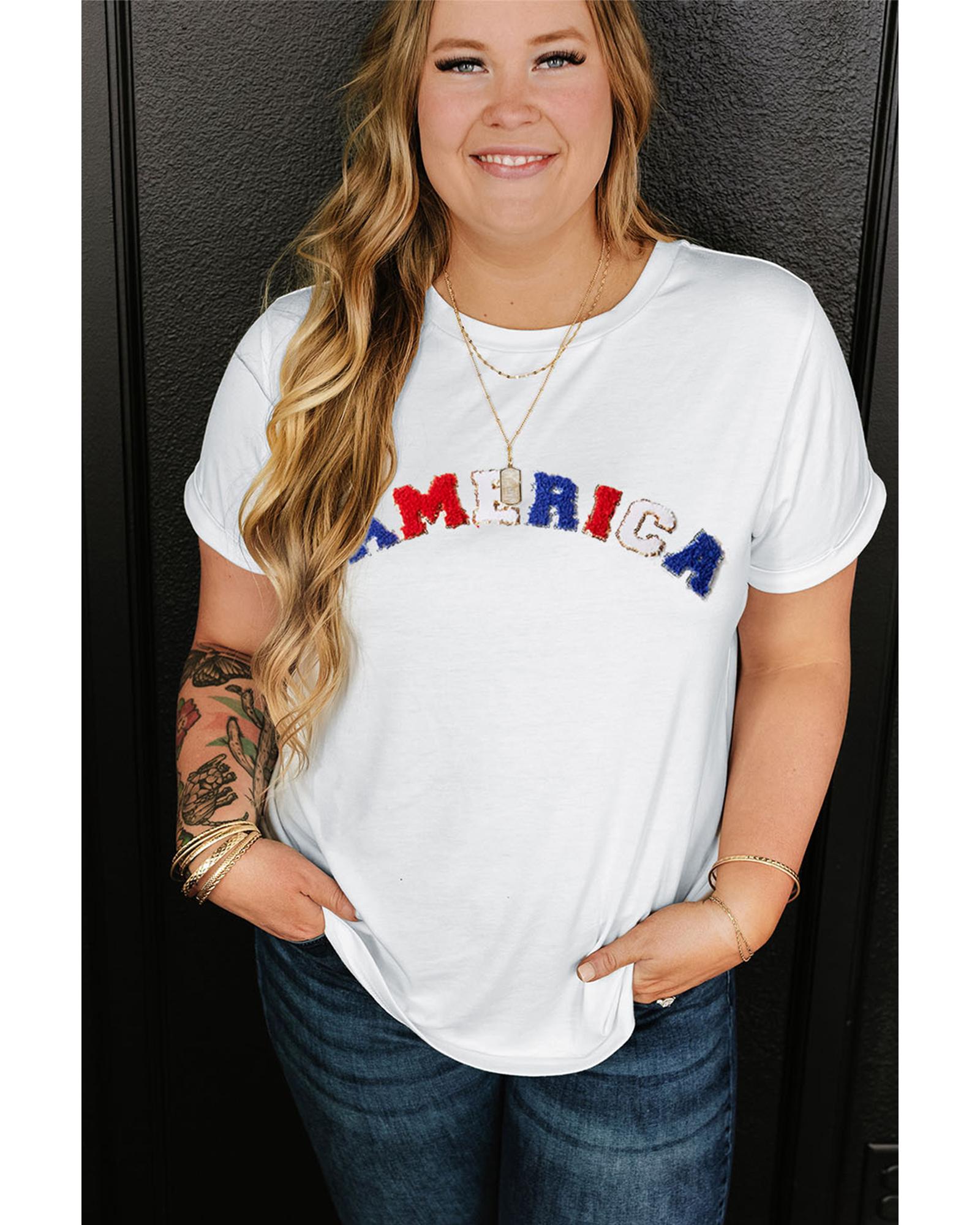 White AMERICA Chenille Embroidered Plus Size T Shirt - 1X