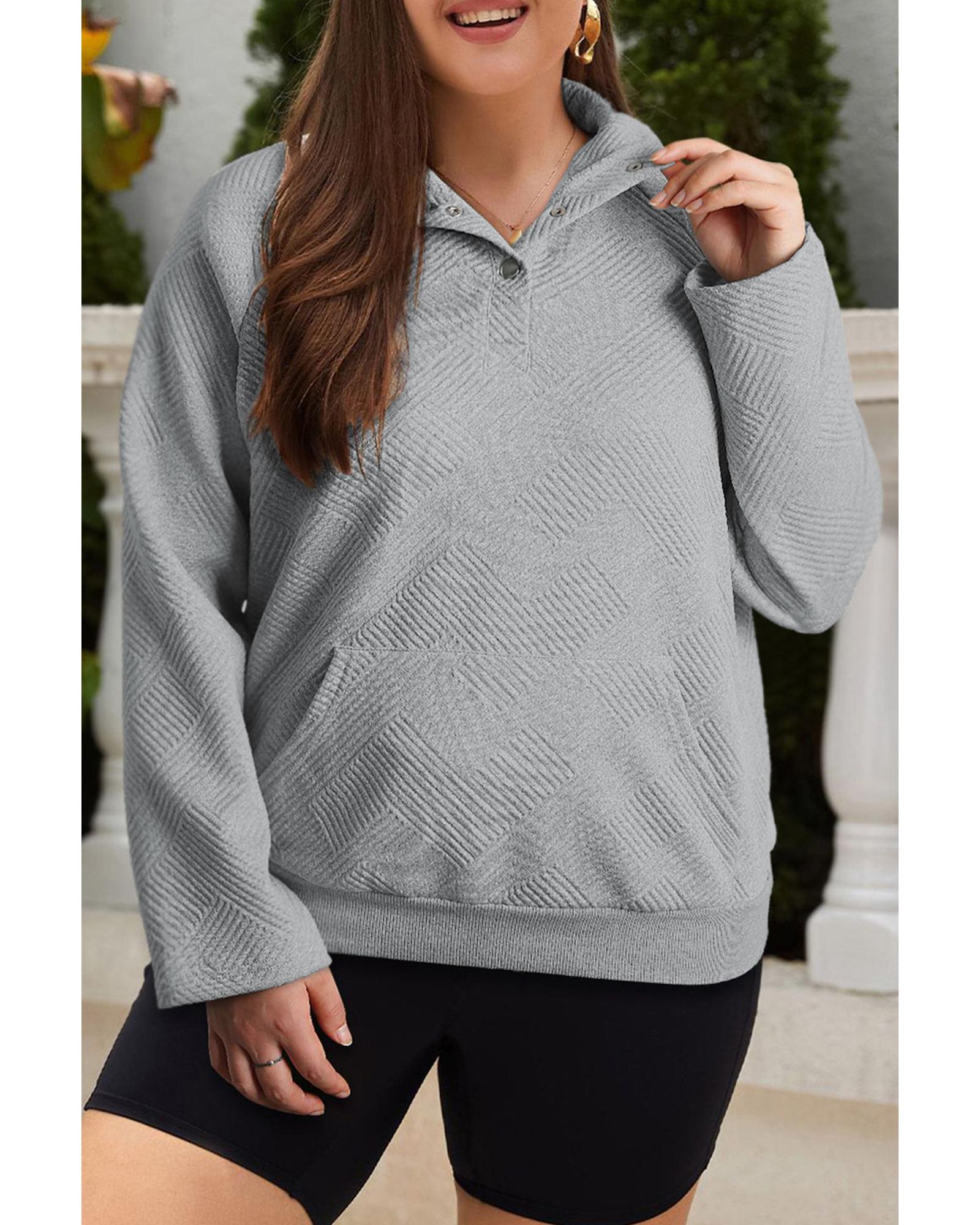 Light Grey Textured Snap Buttons Pullover Plus Size Sweatshirt - 2X