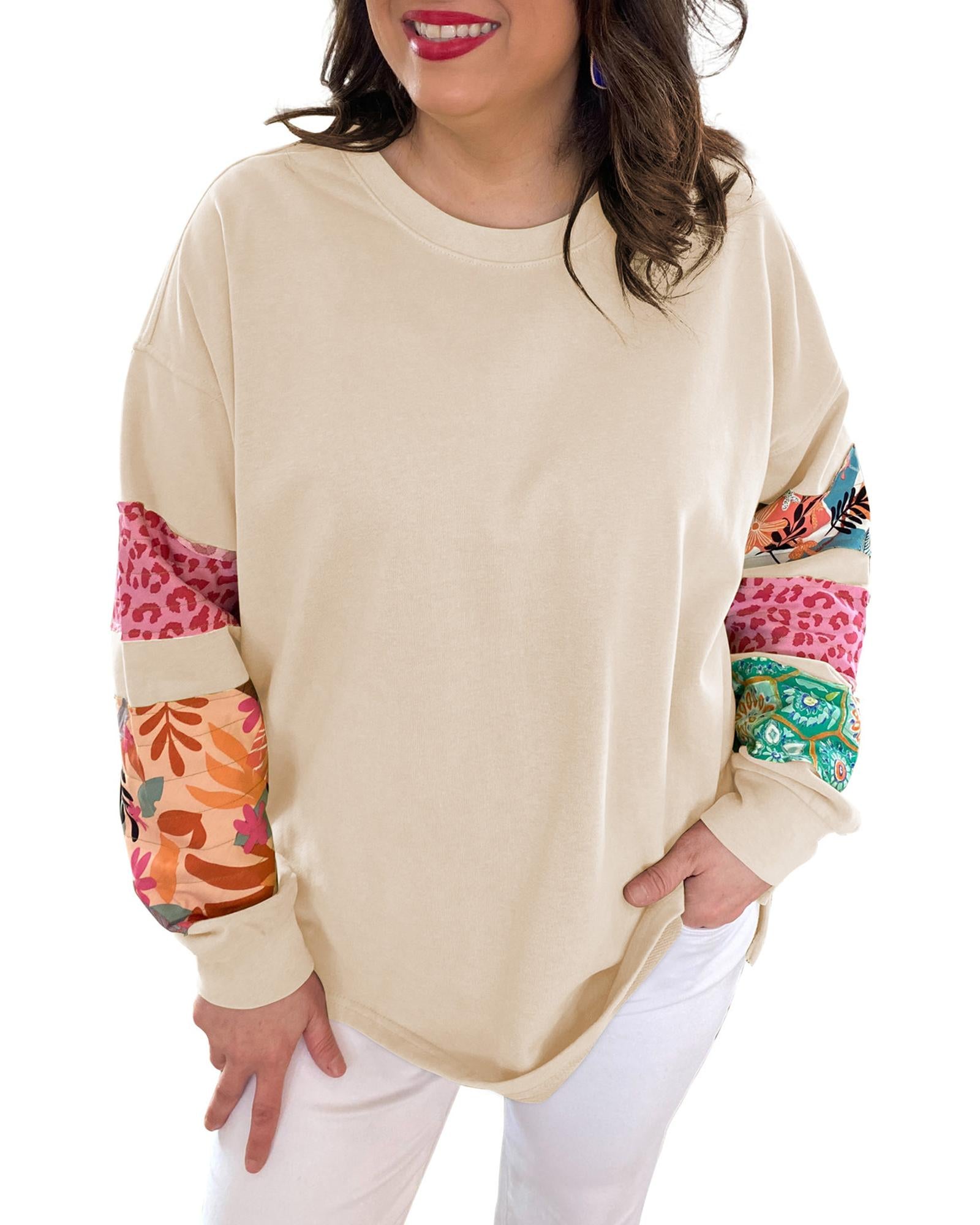 Beige Plus Size Printed Patchwork Sleeve Split Sweatshirt - 4X