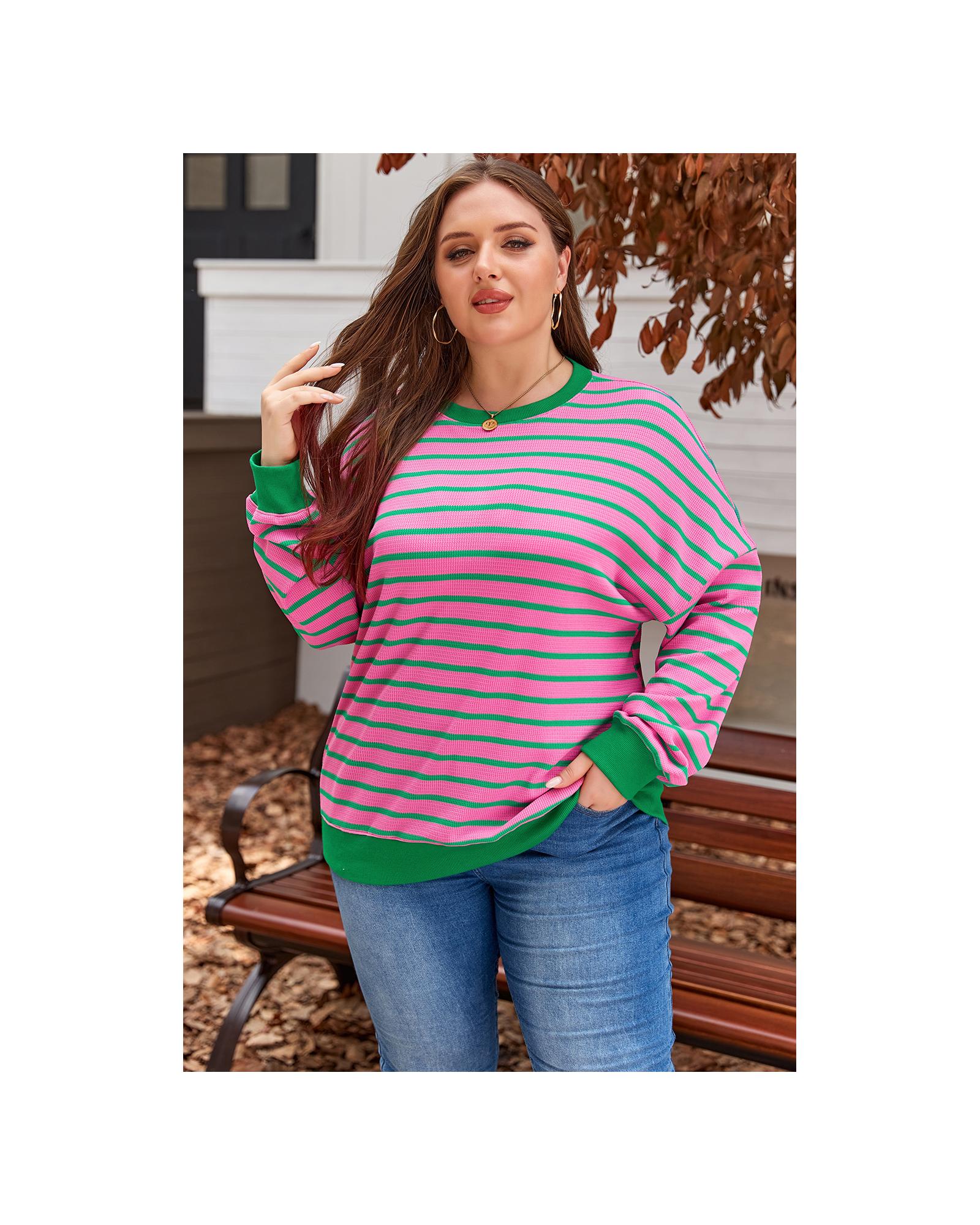Pink Stripe Waffle Knit Crew Neck Plus Size Sweatshirt - 2X