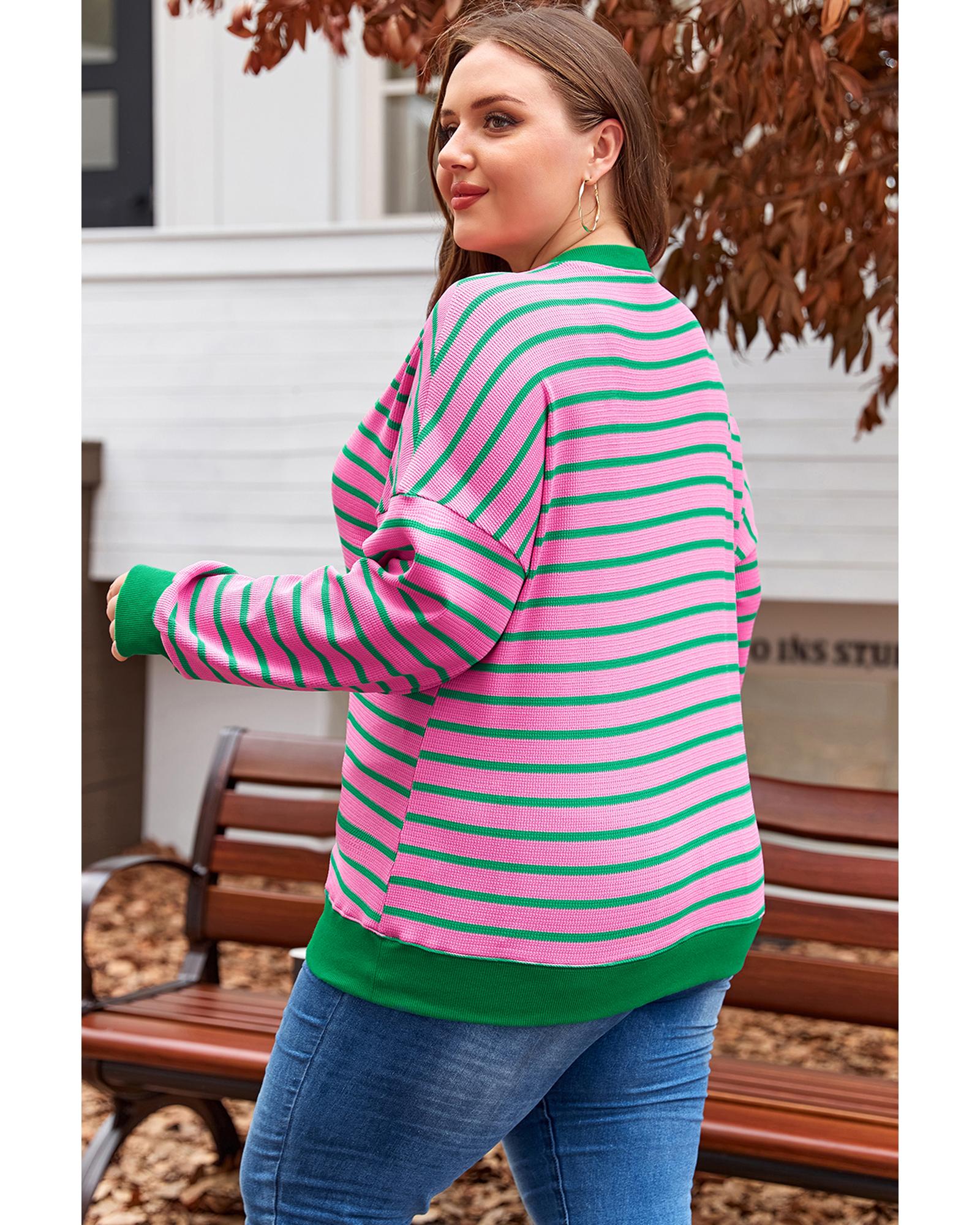 Pink Stripe Waffle Knit Crew Neck Plus Size Sweatshirt - 3X