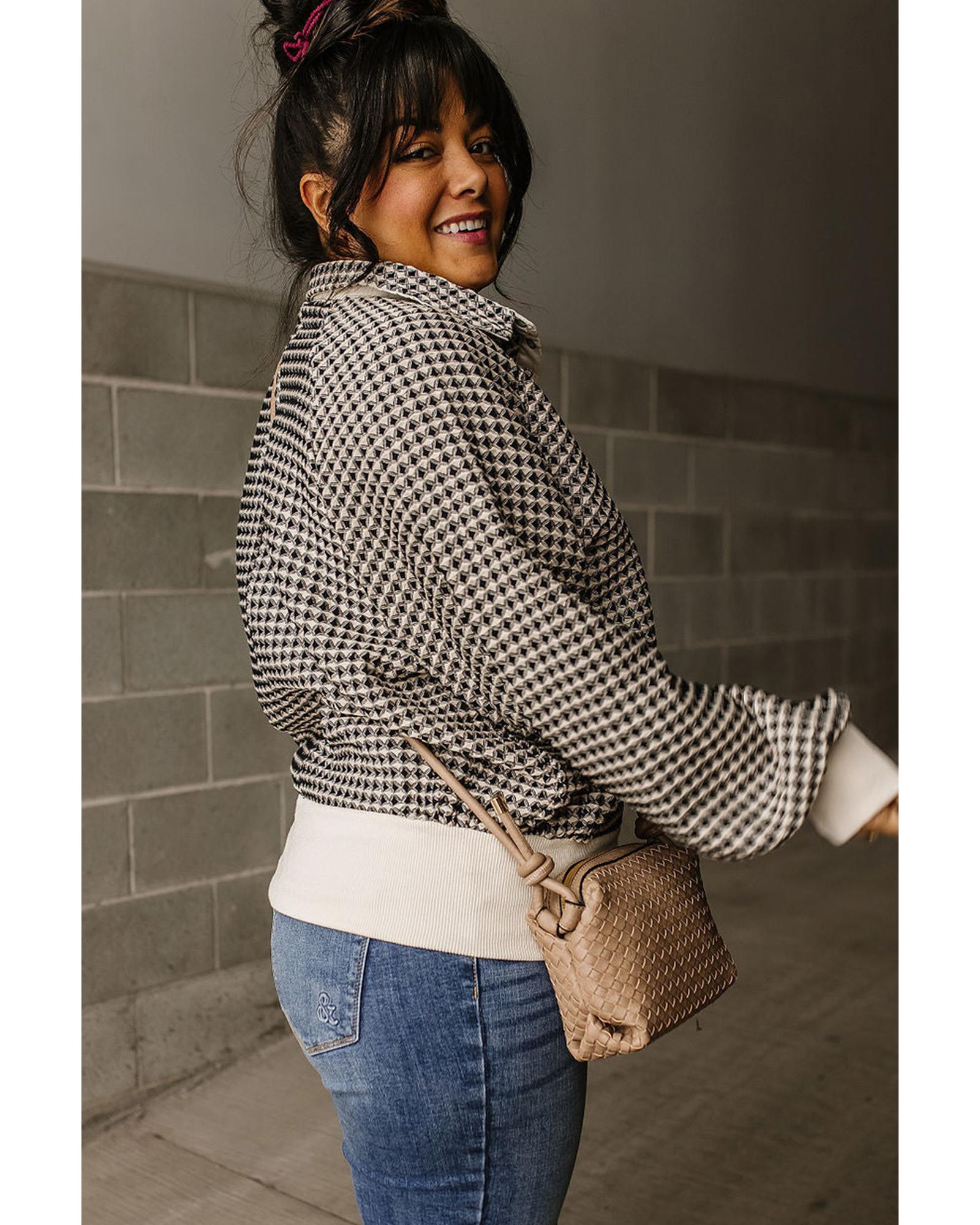 Black Plus Size Two Tone Contrast Collared Pullover Sweatshirt - 1X