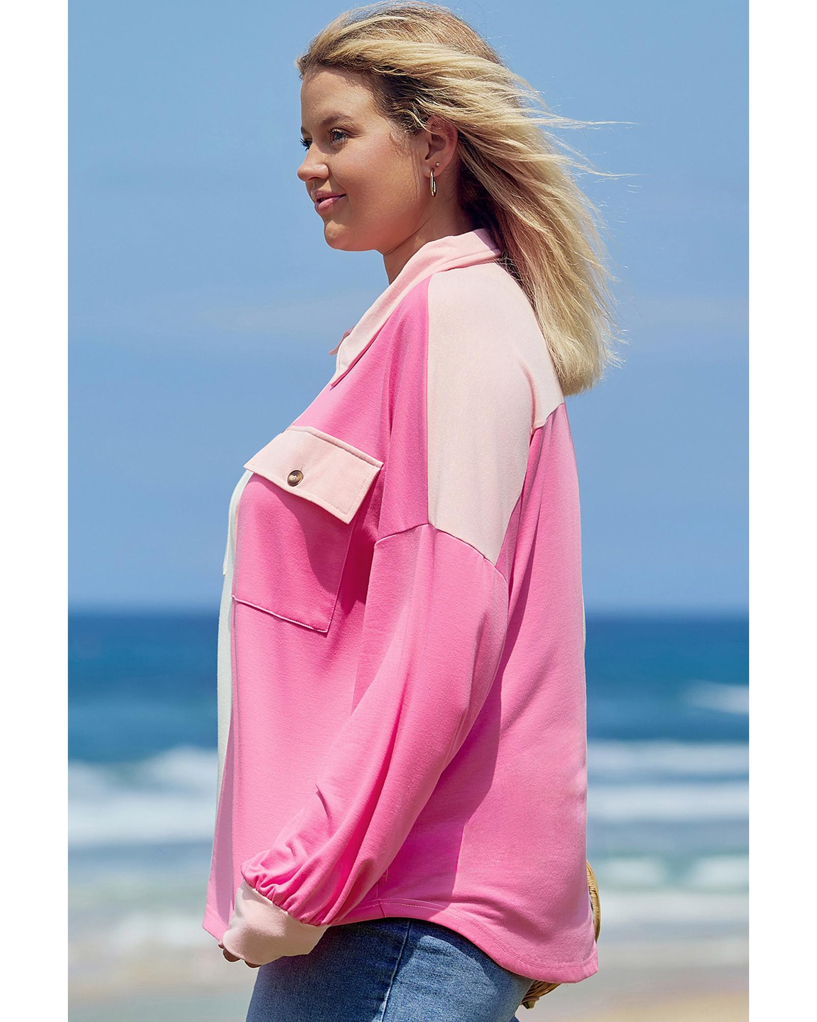 Bonbon Color Block Chest Pockets Half Button Plus Size Sweatshirt - 3X