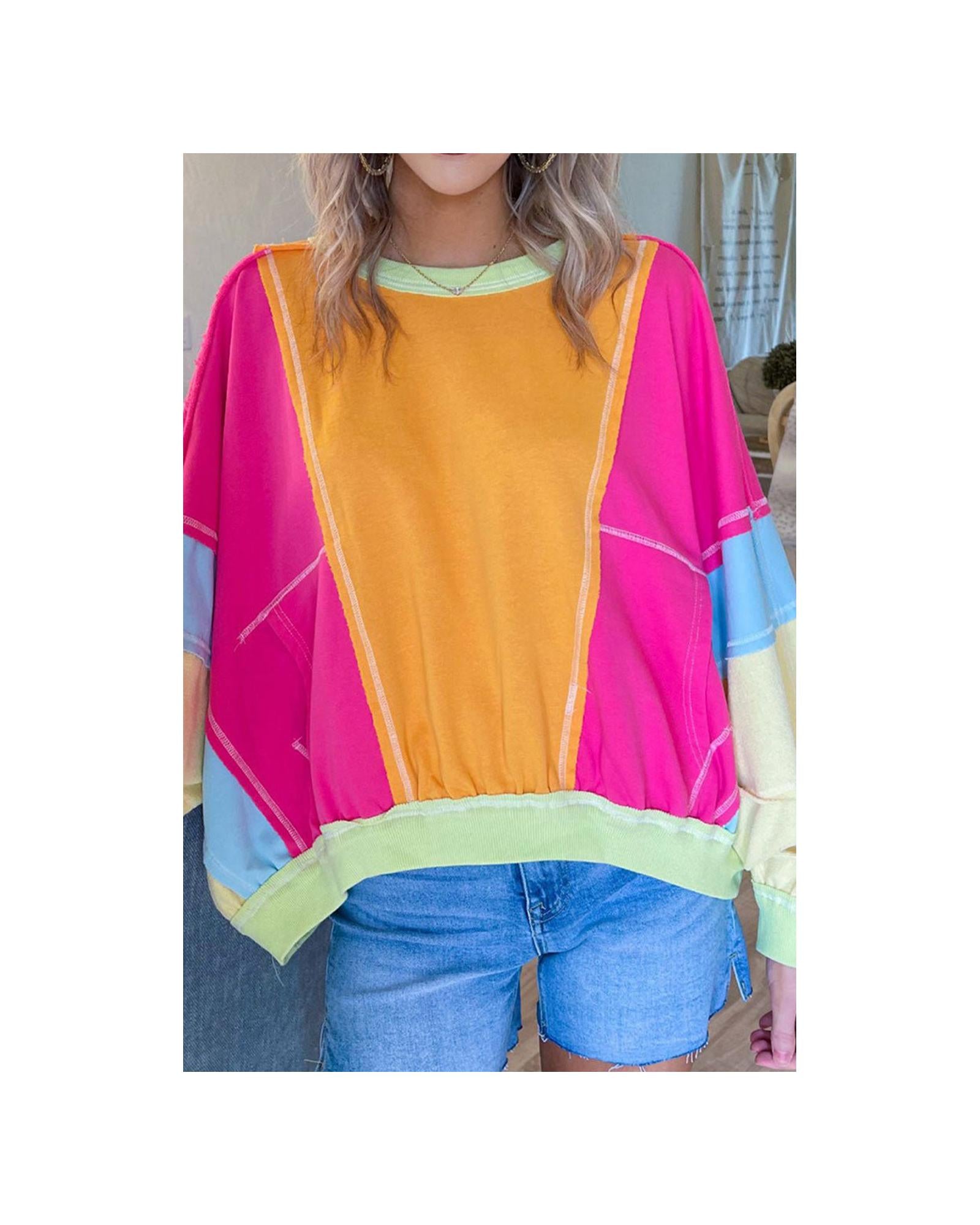 Rose Red Plus Size Colorblock Patchwork Exposed Seam Sweatshirt - 2X