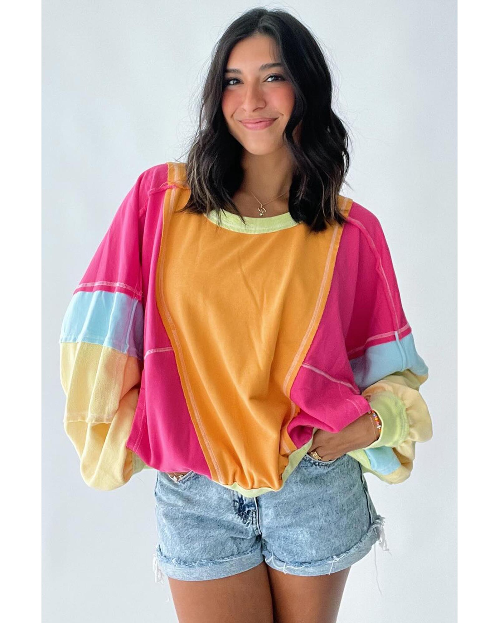 Rose Red Plus Size Colorblock Patchwork Exposed Seam Sweatshirt - 2X