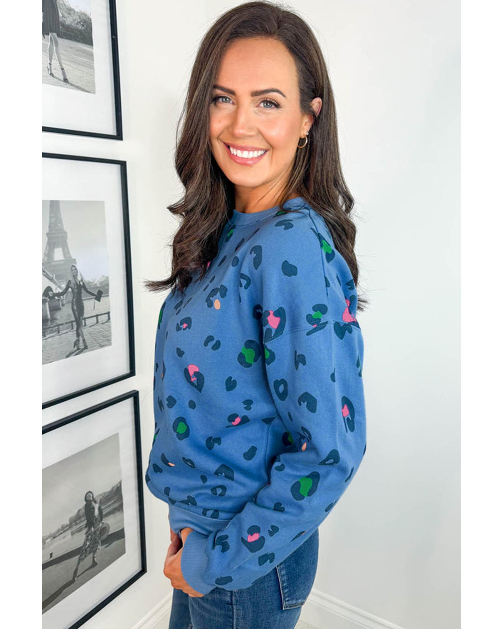 Sky Blue Leopard Ribbed Edge Drop Shoulder Pullover Sweatshirt - 3X