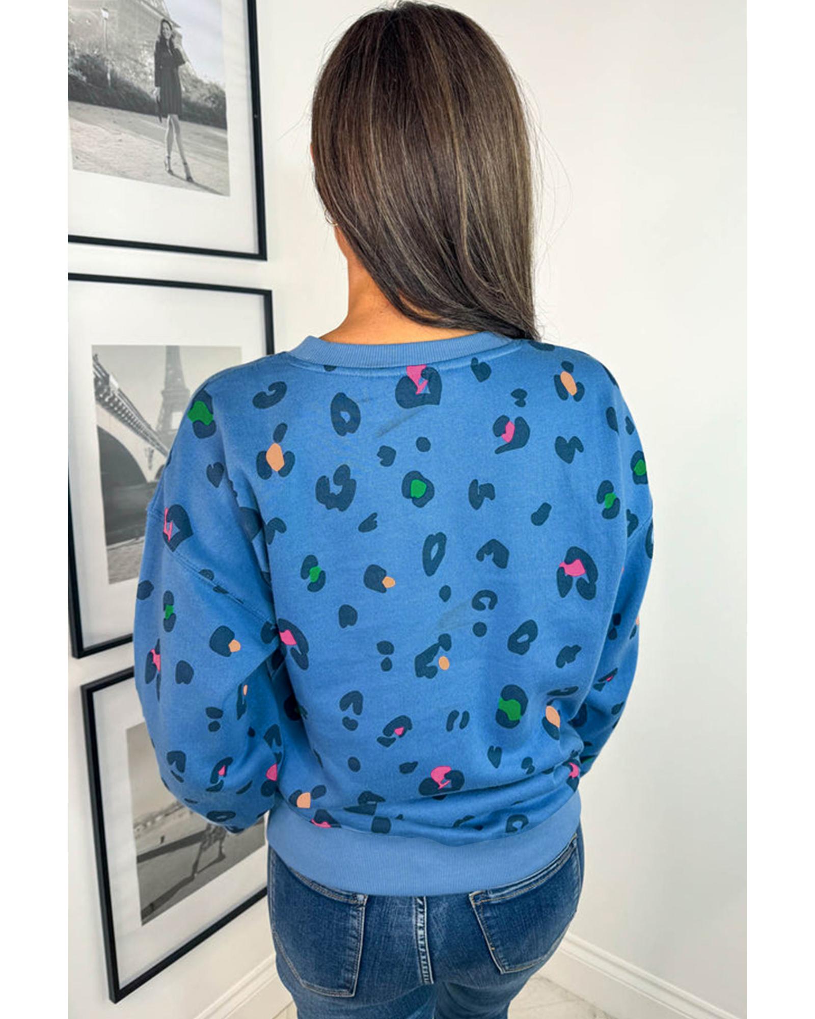 Sky Blue Leopard Ribbed Edge Drop Shoulder Pullover Sweatshirt - 3X