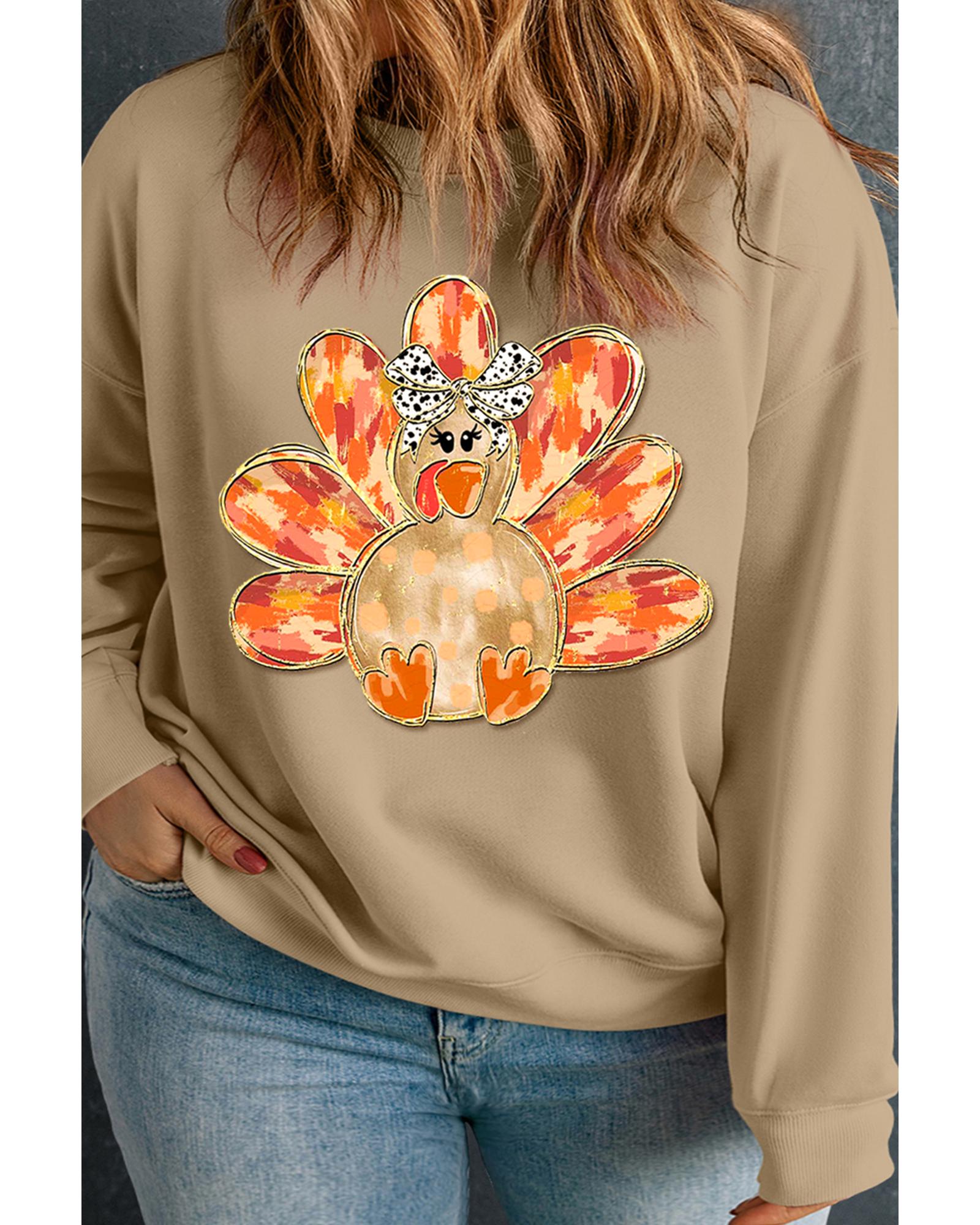 Apricot Bow Turkey Printed Plus Size Pullover Sweatshirt - 2X