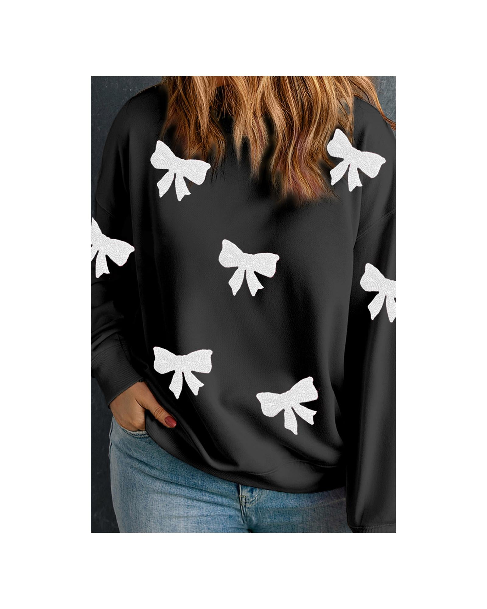 Black Bow Pattern Drop Shoulder Plus Size Sweatshirt - 2X