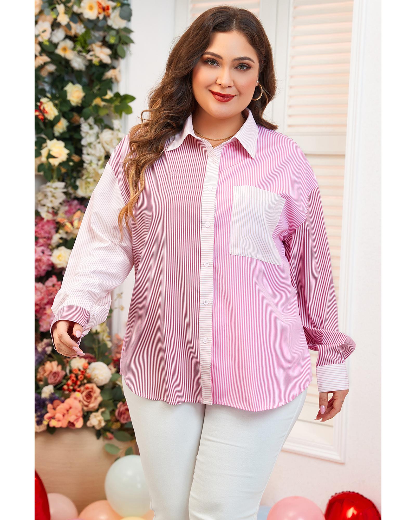 Pink Stripe Print Colorblock Plus Size Shirt - 1X