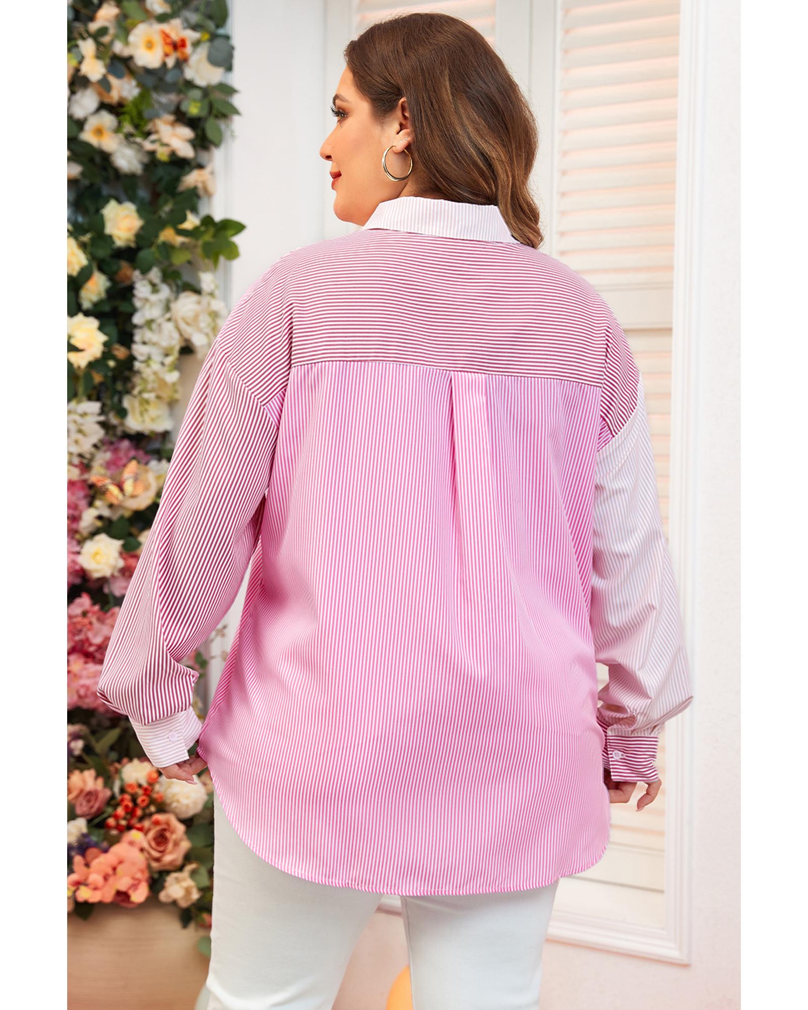 Pink Stripe Print Colorblock Plus Size Shirt - 1X