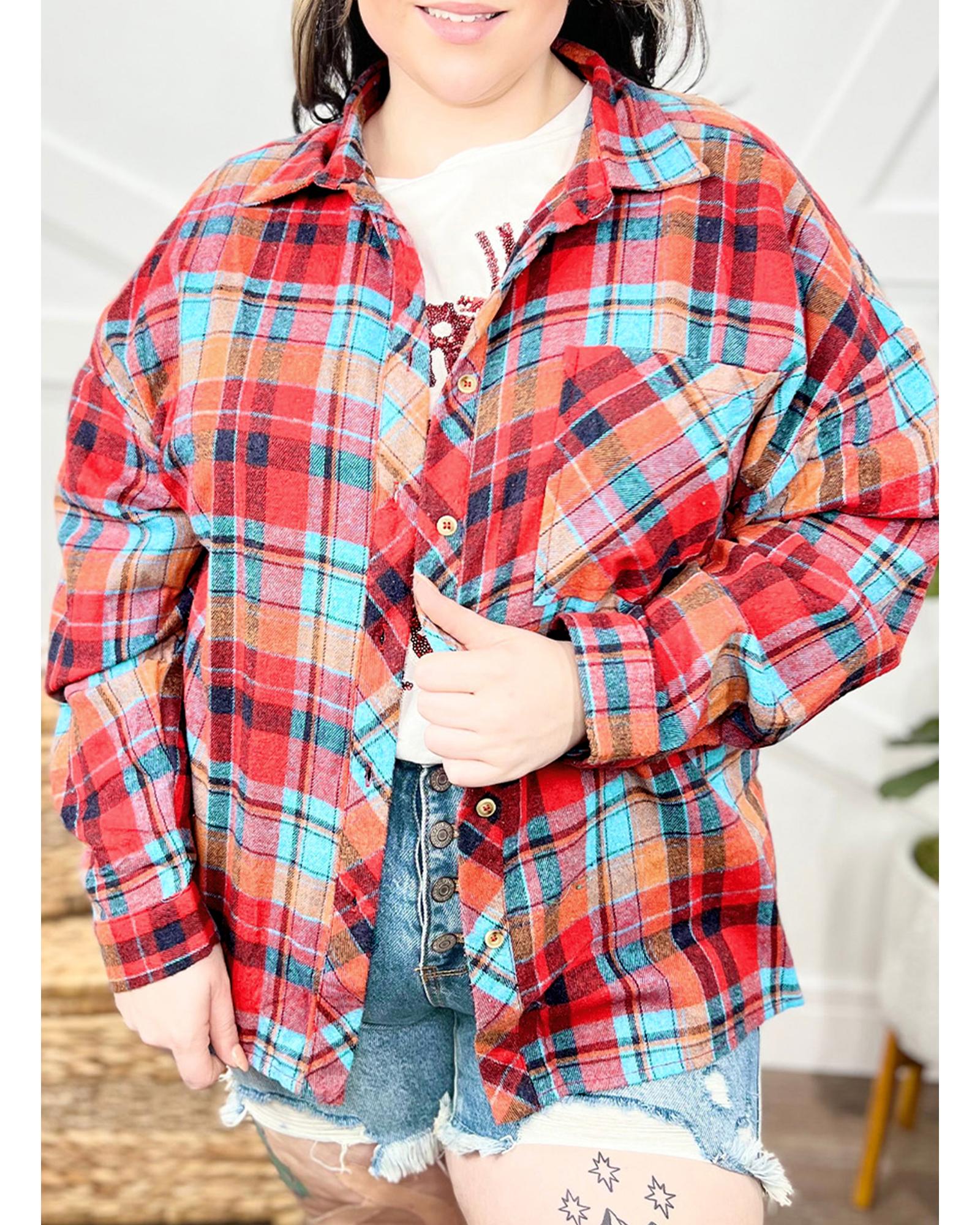 Red Plus Size Plaid Print Buttoned Shirt - 2X
