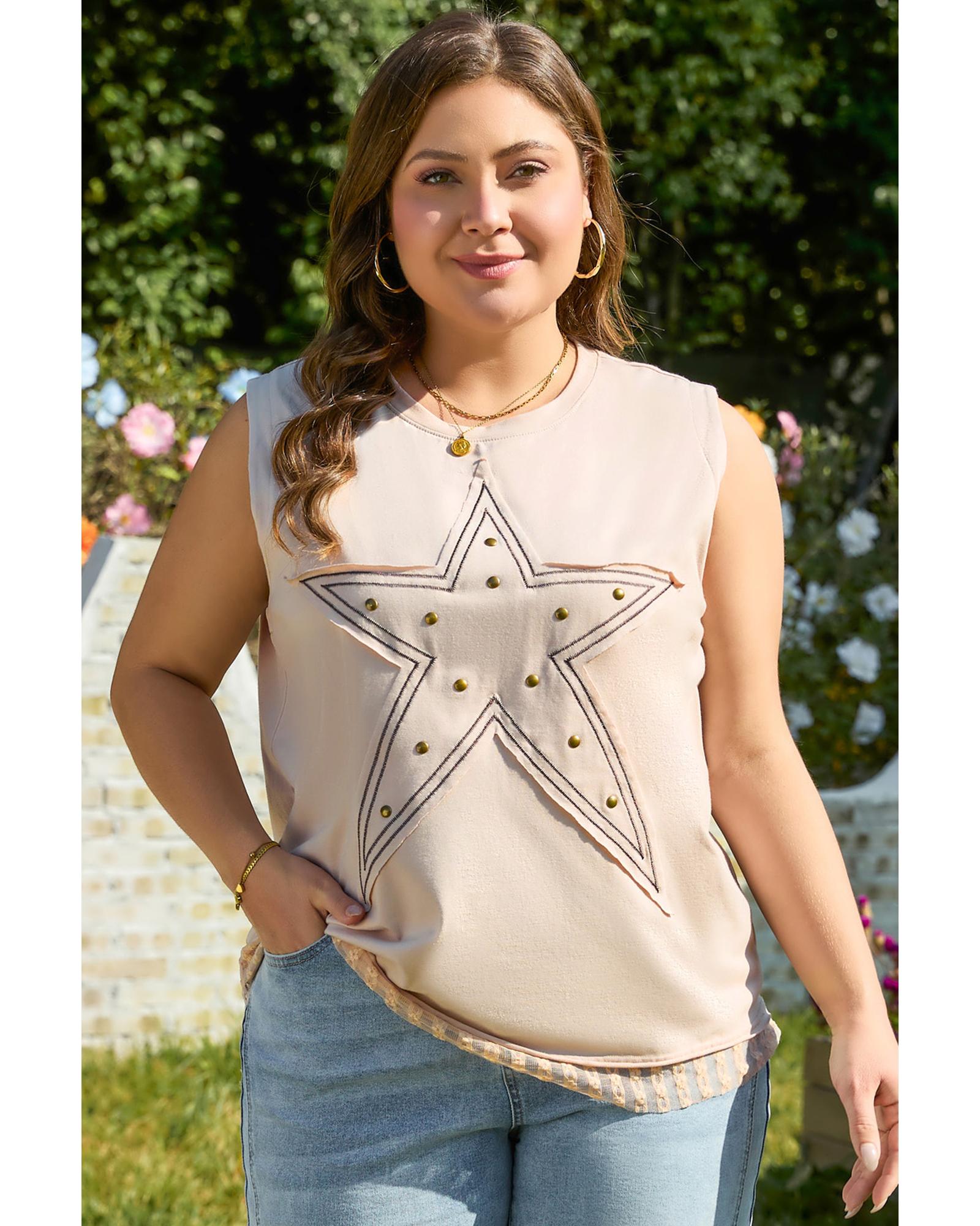 Parchment Studded Star Lace Patchwork Hem Plus Size Tank Top - 4X
