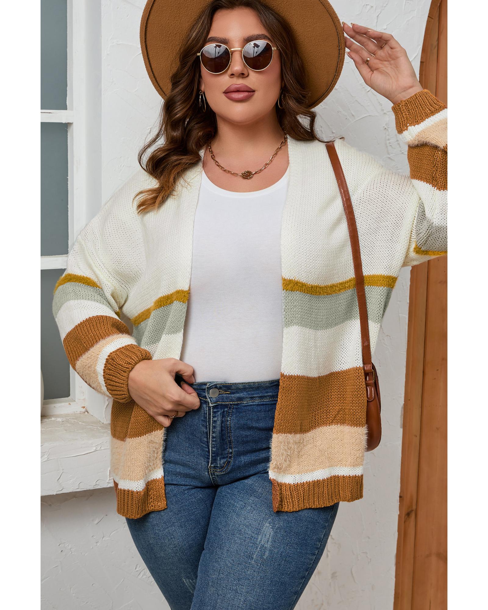 Beige Plus Size Striped Print Open Front Cardigan - 1X